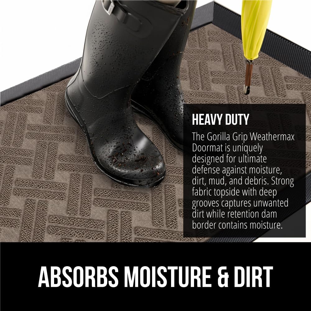 GORILLA GRIP 100% Waterproof All-Season WeatherMax Doormat 35x23, US Designed Natural Rubber, Stain and Fade Resistant, Low Profile Indoor Outdoor Door Mats, Easy Clean Patio Mat, Taupe Basket Weave