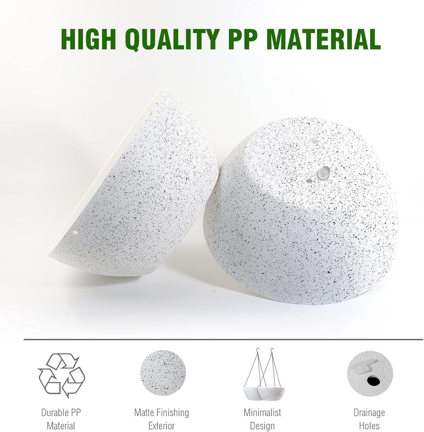 13 inch Large Hanging Planters Plant Pots for Outdoor Indoor Plants with Drainage Holes and Chain, 2 Pack Round Hanging Flower Pots for Garden Home Porch Decor, Speckled White