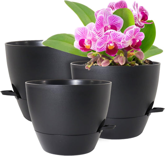 10/9/8 inch Medium Self Watering Pots, Plant Pots with Mesh Drainage Holes for Indoor Outdoor Garden Plants, Flower Pots with Removable Deep Reservoir, Set of 3 Plastic Planters, Black