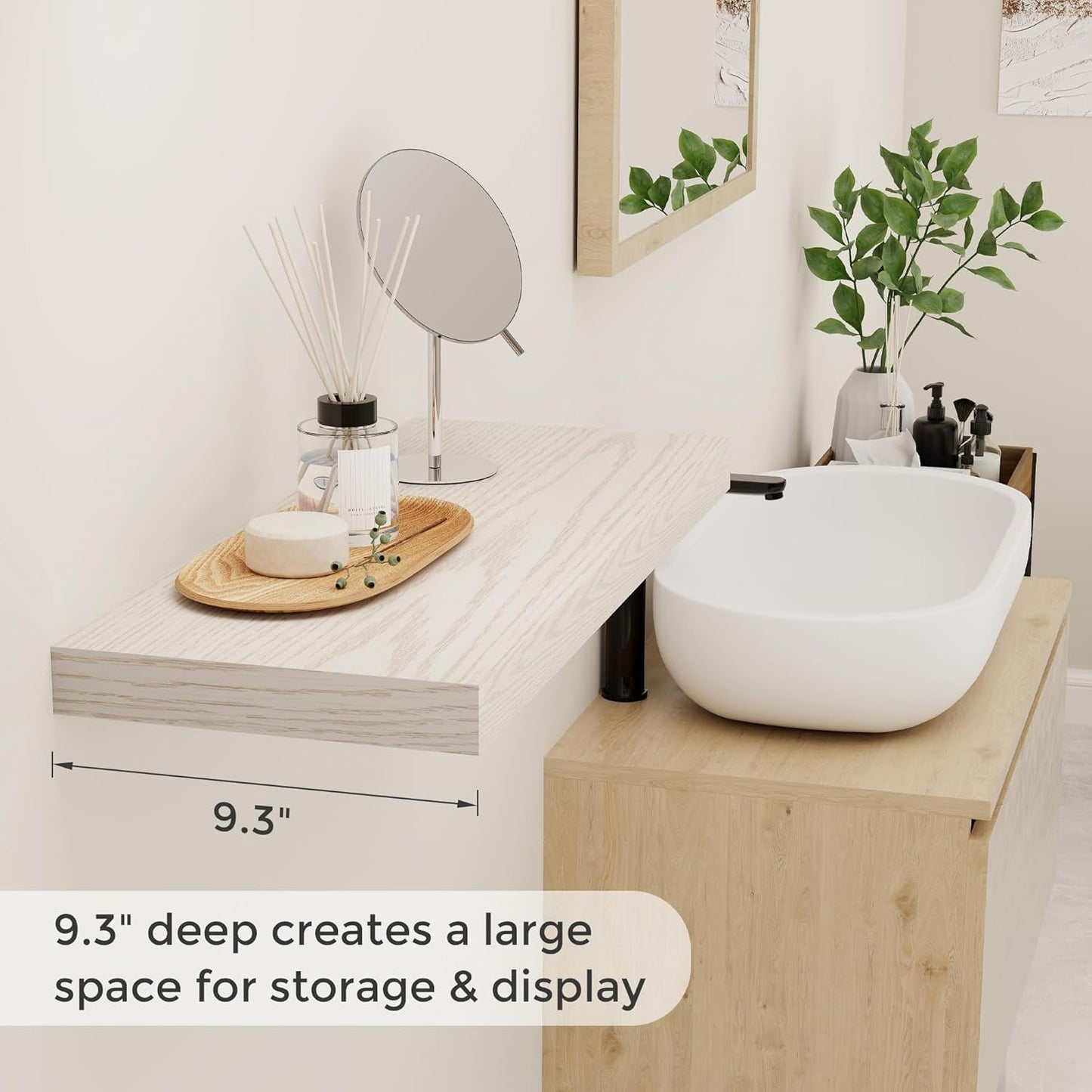 24 x 9 Floating Shelves, 9 Inch Deep Floating Shelf Wall Mounted, 24 Inch Bathroom Shelves Set of 2, Rustic Wood Wall Shelf for Bedroom, Living Room, Brich Color