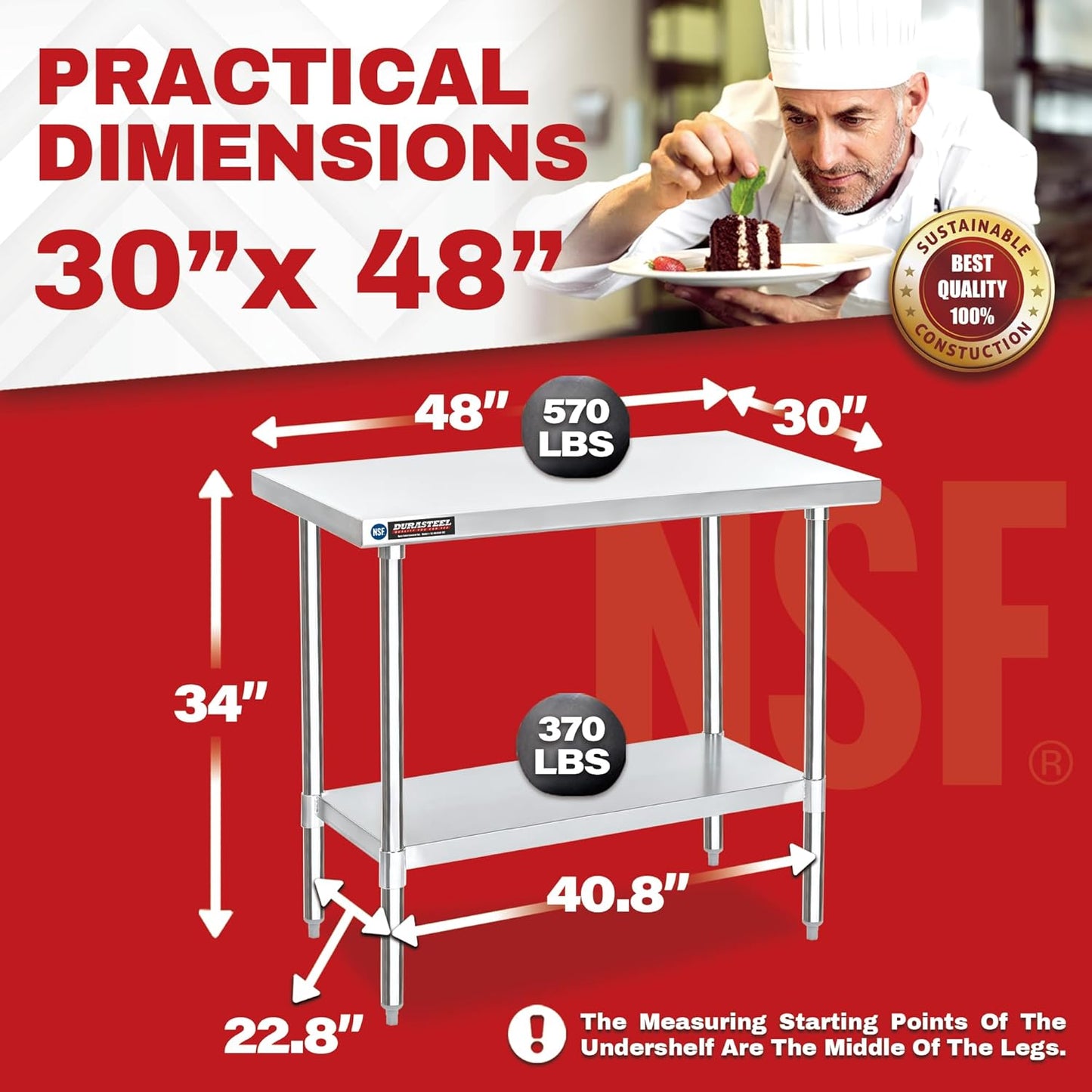 DuraSteel 30x48 Stainless Steel Work Table - NSF Commercial Prep Metal Table - Outdoor Pizza Oven Stand w/Under Shelf - Kitchen Island Laundry Utility Garage Microwave Stand Large Rolling Storage Cart
