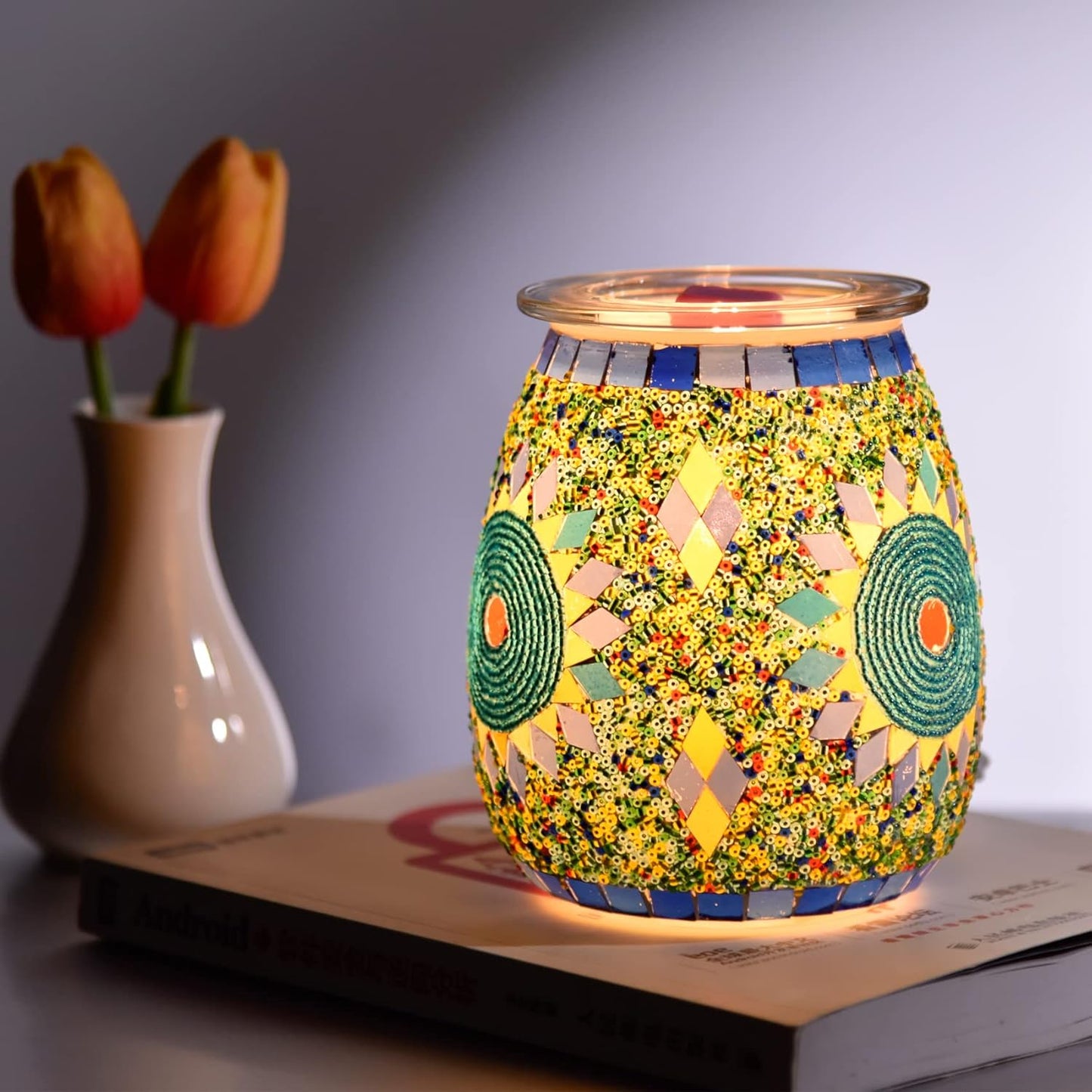 Dicimi Electric Wax Melter, Mosaic Stove Burner, Glass Essential Oil Stove Wax Tart Burner Fragrance Night Light Aromatic Decoration for Home Office Bedroom Living Room Decoration Present (Sunflower)