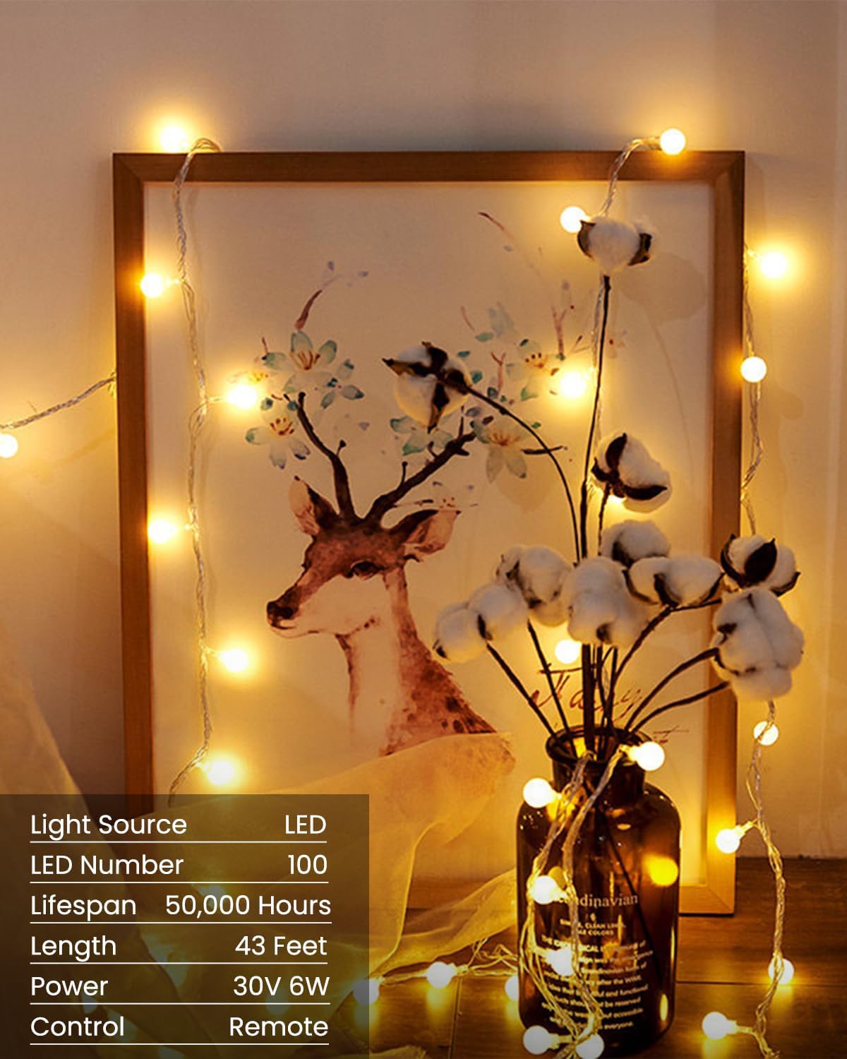 Globe String Lights 43 Ft 100 LED Fairy Lights Plug in with Remote Timer 8 Modes Connectable Twinkle Light for Bedroom Classroom Wedding Christmas Indoor Outdoor Decor, Warm White