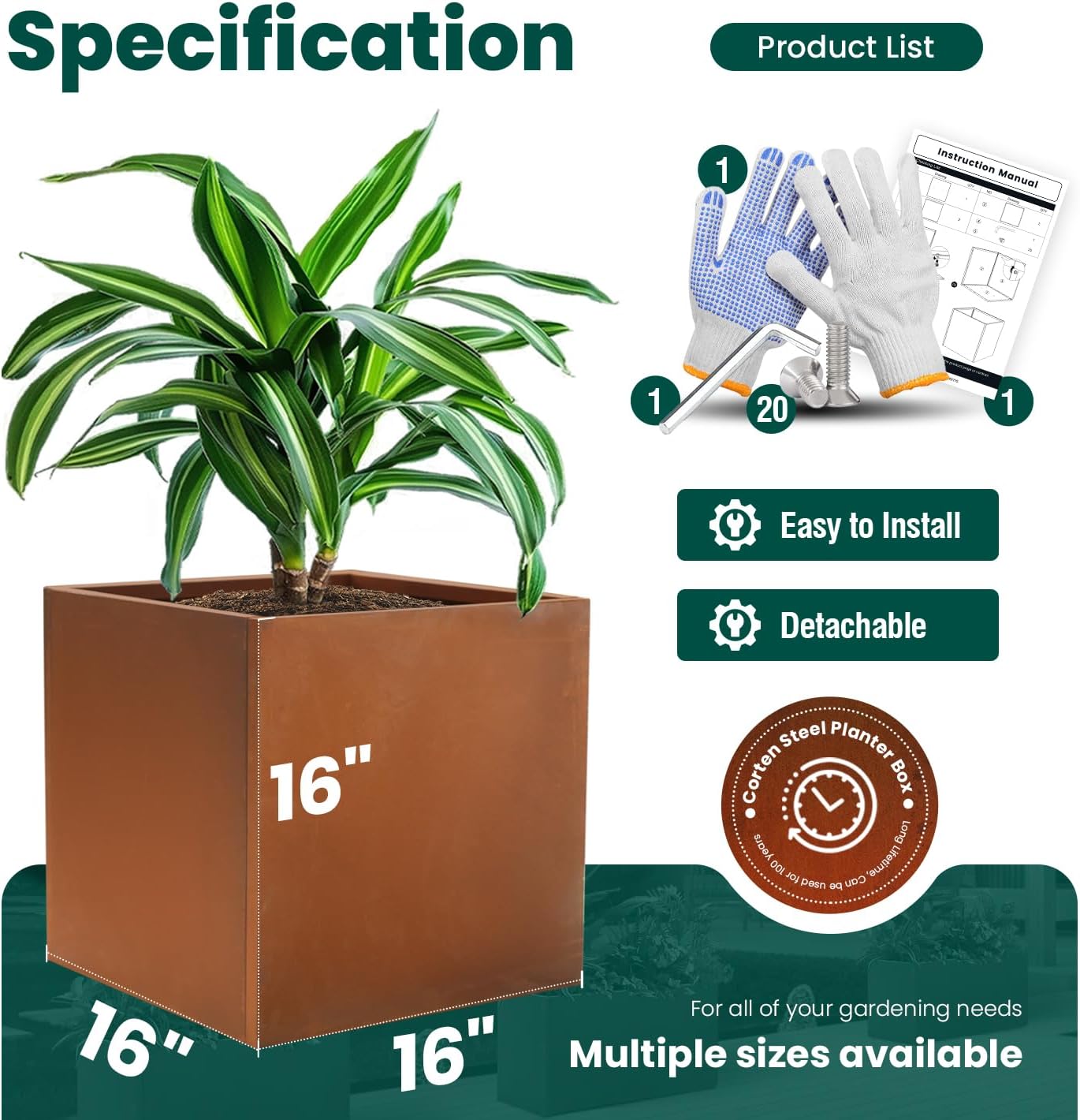 Corten Steel Planter Box Metal Planters Square Outdoor Steel Planter Cube Rustic Flower Pot 16 Inch Integral Durable Antique for Commercial Residential Garden Patio Deck and Backyard