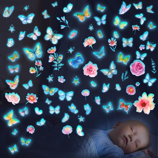 Glow in The Dark Butterfly Flower Wall Decals Glowing Luminous Butterflies Removable Self-Adhesive Wall Stickers for Girls Bedroom Nursery Living Room Decor 4 Sheets (Butterfly 3)