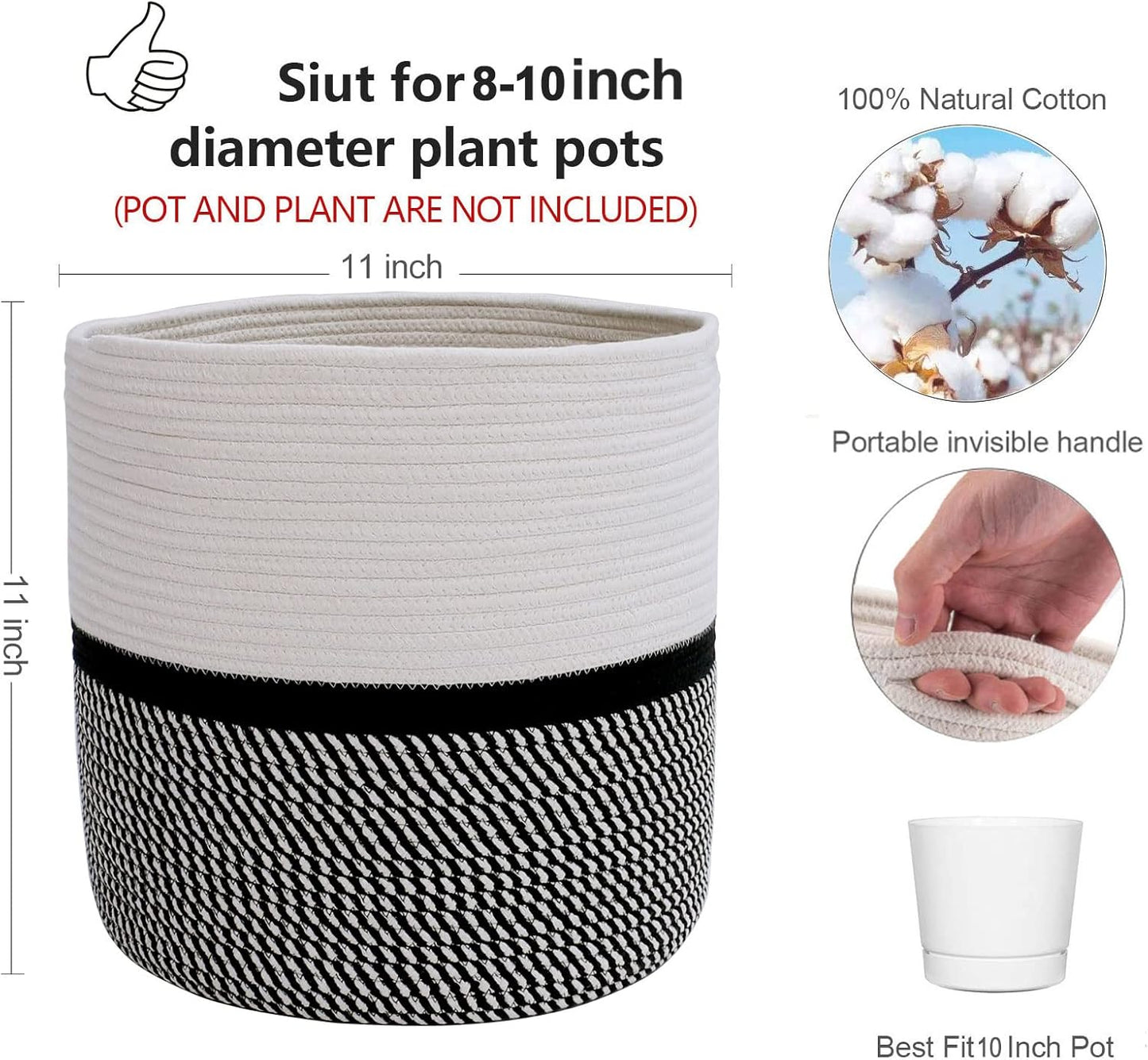 Cotton Rope Plant Basket Modern Woven Basket for 10" Flower Pot Floor Indoor Planters,Storage Organizer Toys Rustic Home Decor,Beige 11"x 11"