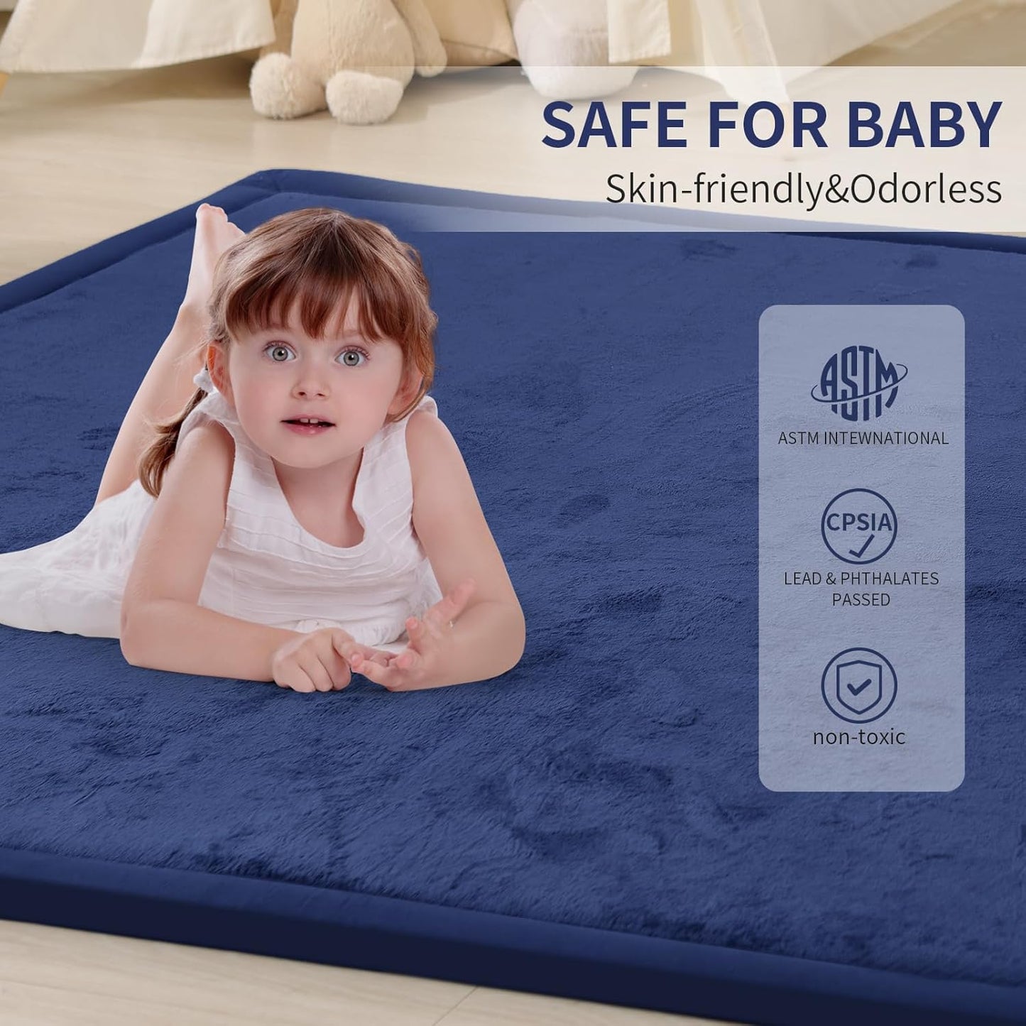 ACOMOPACK Baby Play Mat for Floor 1.3" Thick Memory Foam Play Mat 59"×71" Tummy Time Crawling with Non-Slip Bottom for Living Room,Nursery,Soft Velvet Playpen Mats for Kids,Infants（Royal Blue）