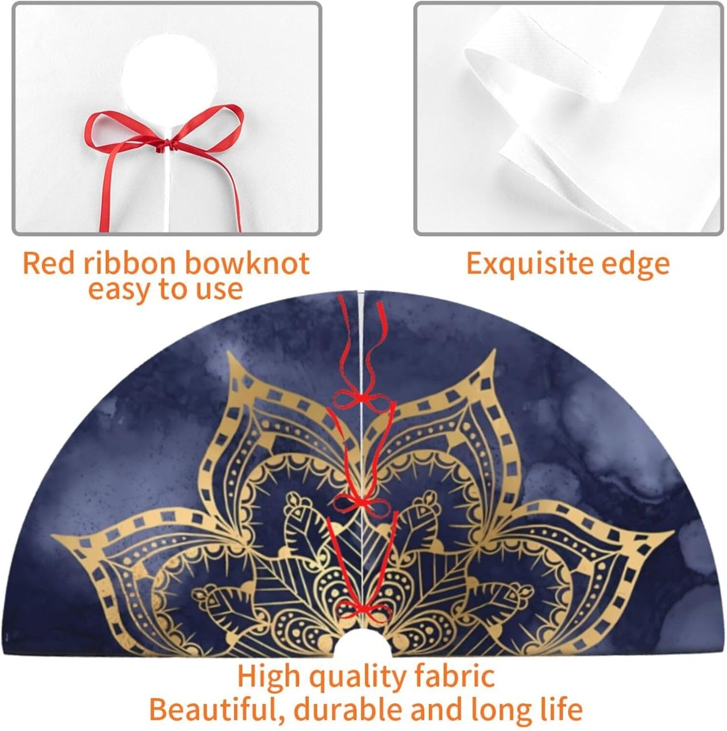 36" Large Christmas Tree Skirt, Boho Mandala Gold Navy Blue Ink Texture Round Cushion Pattern Tree Mat Base Cover for Xmas Festive Holiday Party Decoration Ornaments