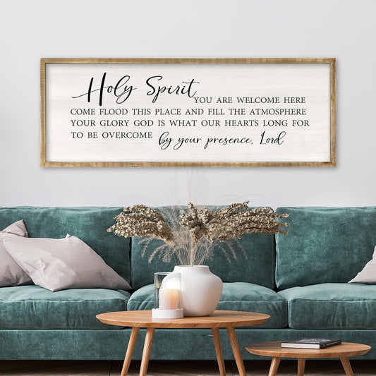 Holy Spirit You are Welcome Here Wall Decor Art 40x15 Inch Large Christian Song Bible Verse Plaque Wood Framed Sign Living Room Scripture Quote Religious For Office Wall Hanging (Wood)