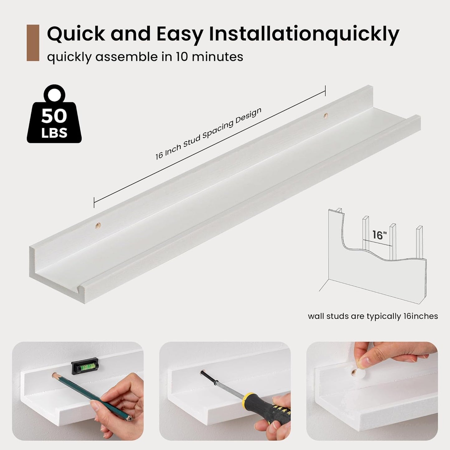 Picture Ledge Shelf, Solid Pine Wood Floating Shelves Set of 2, 24 Inches Nursery Book Shelves for Toys Storage, Kids Bookshelf Wall Mounted for Living Room Bedroom Decor Books Photo Frames, White