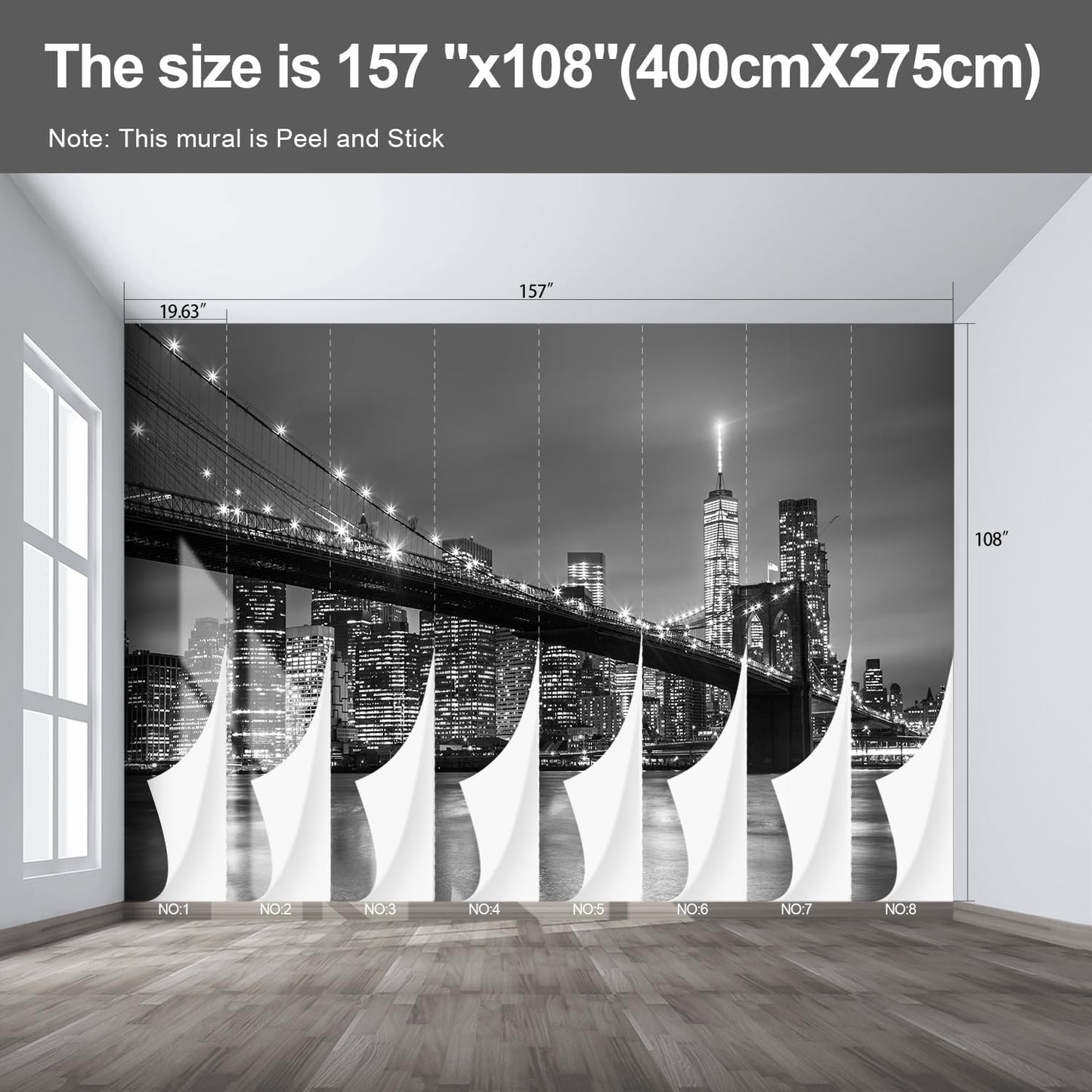 Gray Brooklyn Bridge at Night NYC Wall murals New York Peel and Stick Wallpaper for Bedroom Living Room - 108"x157"