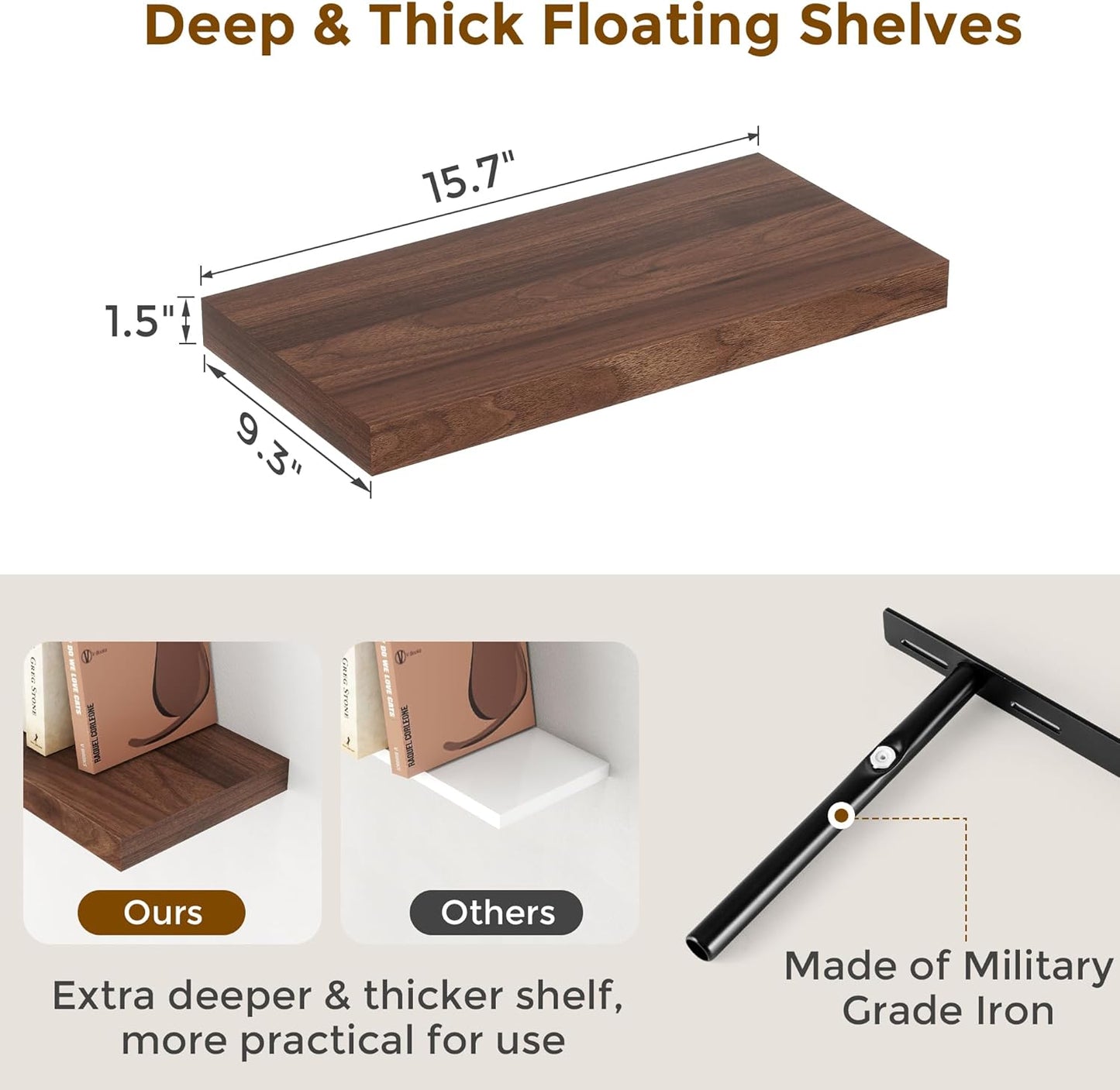 Fun Memories 16 Floating Shelves for Wall, 9 Inch Deep Floating Shelf for Bathroom, Rustic 16 x 9 Floating Shelf for Kitchen, Bedroom, Wide Wooden Shelves Wall Mounted, Walnut Color, Set of 2