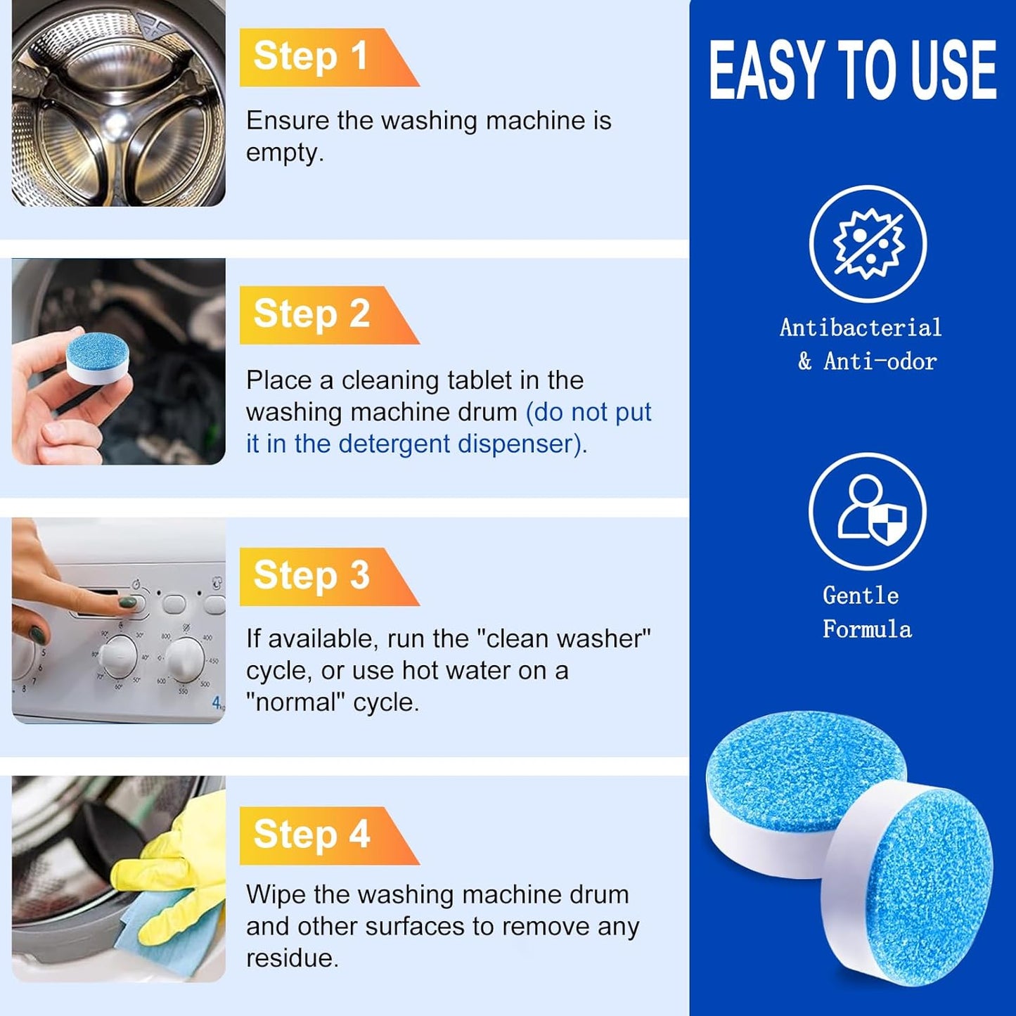 Washing Machine Cleaner Tablets, 40Pcs Deep Cleaning Tablets, Compatible with HE, Top & Front Load, Deep Cleaning Residue & Odor Eliminator, Deep-cleans to remove residue and neutralize smells01