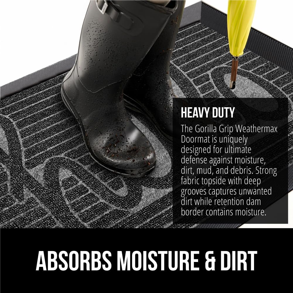 GORILLA GRIP 100% Waterproof All-Season WeatherMax Doormat, 47x35, US Designed Natural Rubber, Stain and Fade Resistant, Low Profile Indoor Outdoor Door Mats, Easy Clean Patio Mat, Charcoal Hello