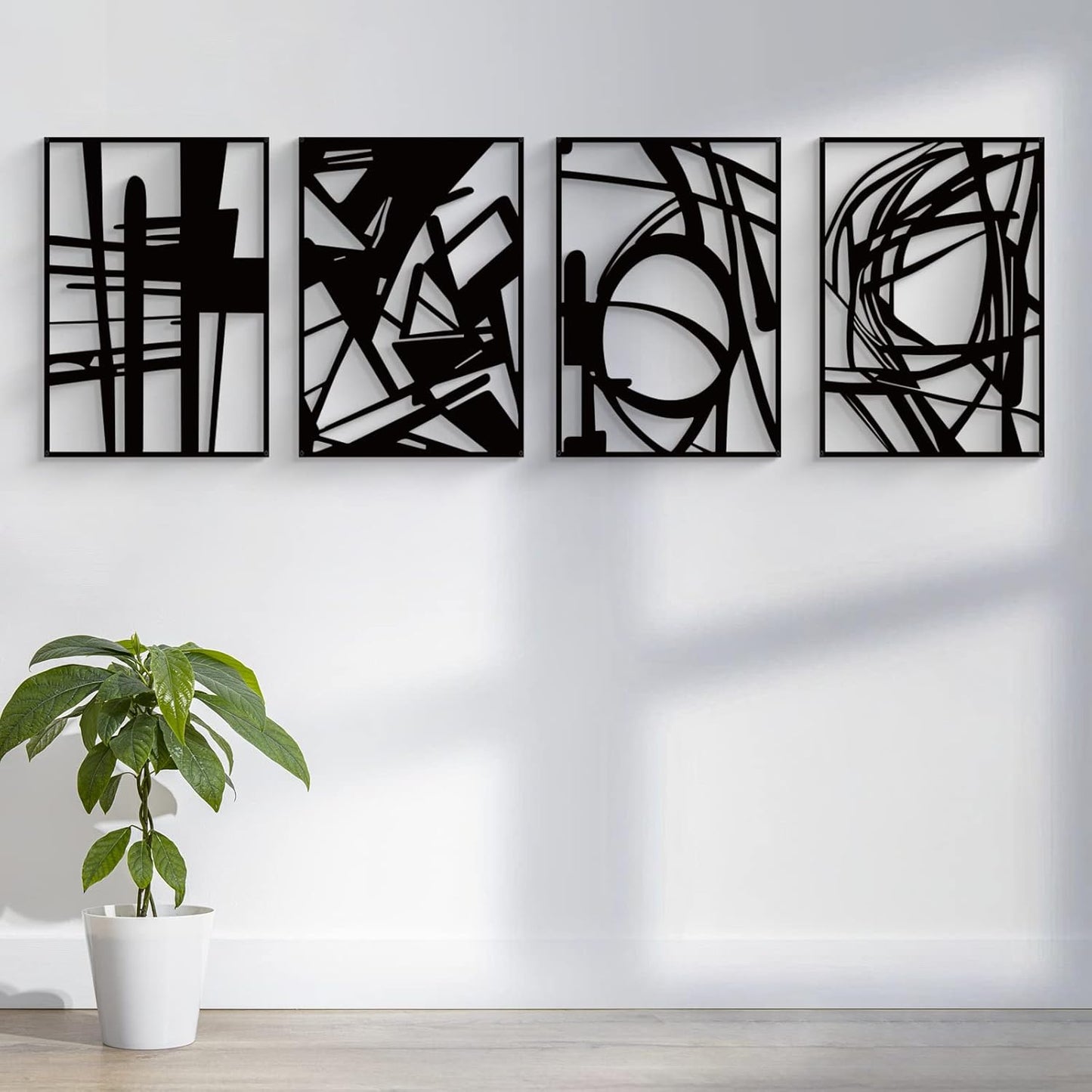 Glamativity 4 Pack Black Abstract Metal Wall Art, Minimalist Décor Single Line Art Wall Décor, 3D Textured Metal Wall Sculptures, for Living Room Bedroom Bathroom Study Room (Black Abstract, M Size 16 x 11'')