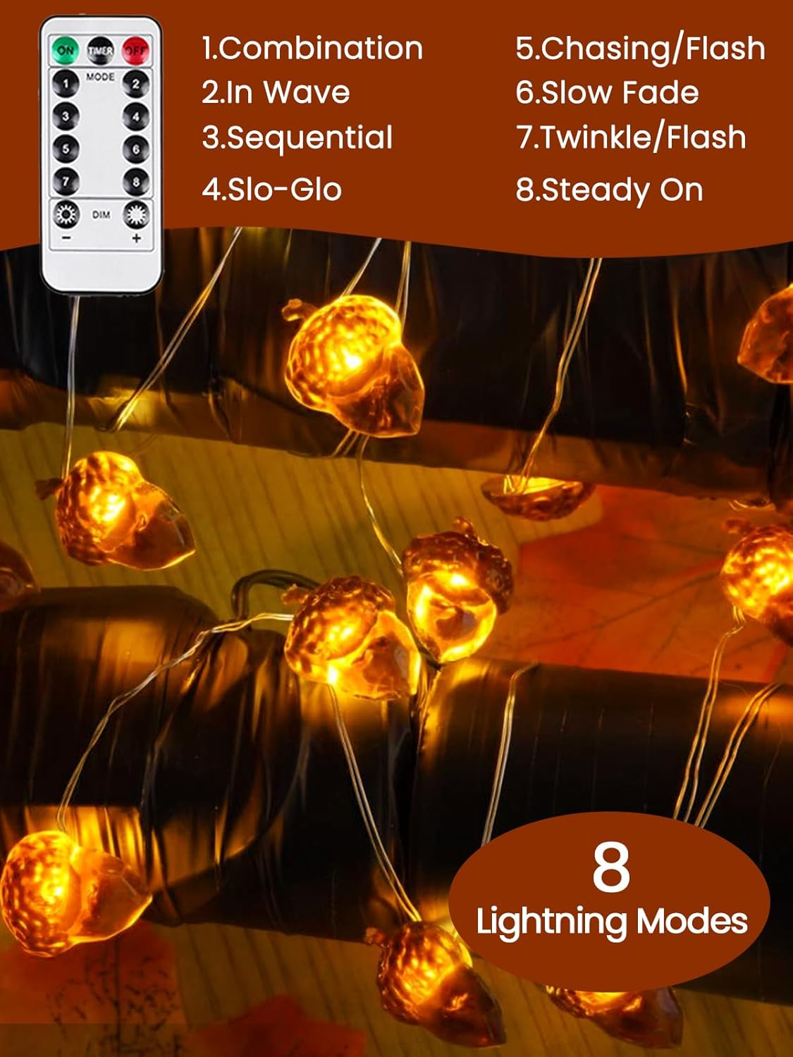 2 Pack 60LED Fall Decoration Acorn String Light Battery Operated, 20FT Fall Lights with Remote, Waterproof 8 Modes Fairy Lights for Autumn Harvest Thanksgiving Halloween Decor