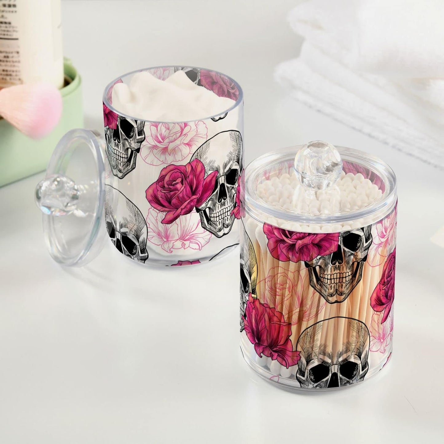 2 Pack Qtip Holder Dispenser Skull Rose Flower Bathroom Storage Canister Lid Acrylic Plastic Apothecary Jar Set Vanity Makeup Organizer for Cotton Swab/Ball/Round Pads, Floss