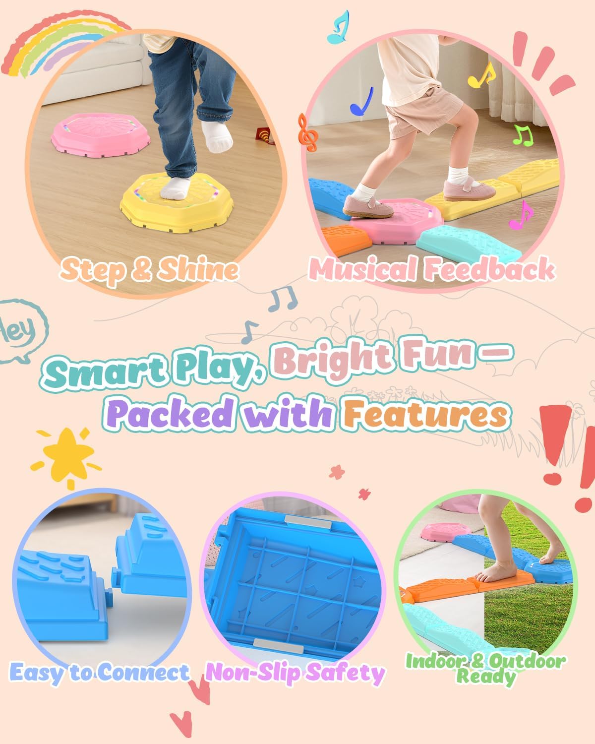 Holyton Music Light Up Balance Beam and Toddler Stepping Stones 13 Pieces, Non-Slip Plastic Balance Stackable Stepping Stones for Kids, Sensory Toys for Toddlers, Indoor or Outdoor Play, Easy Storage