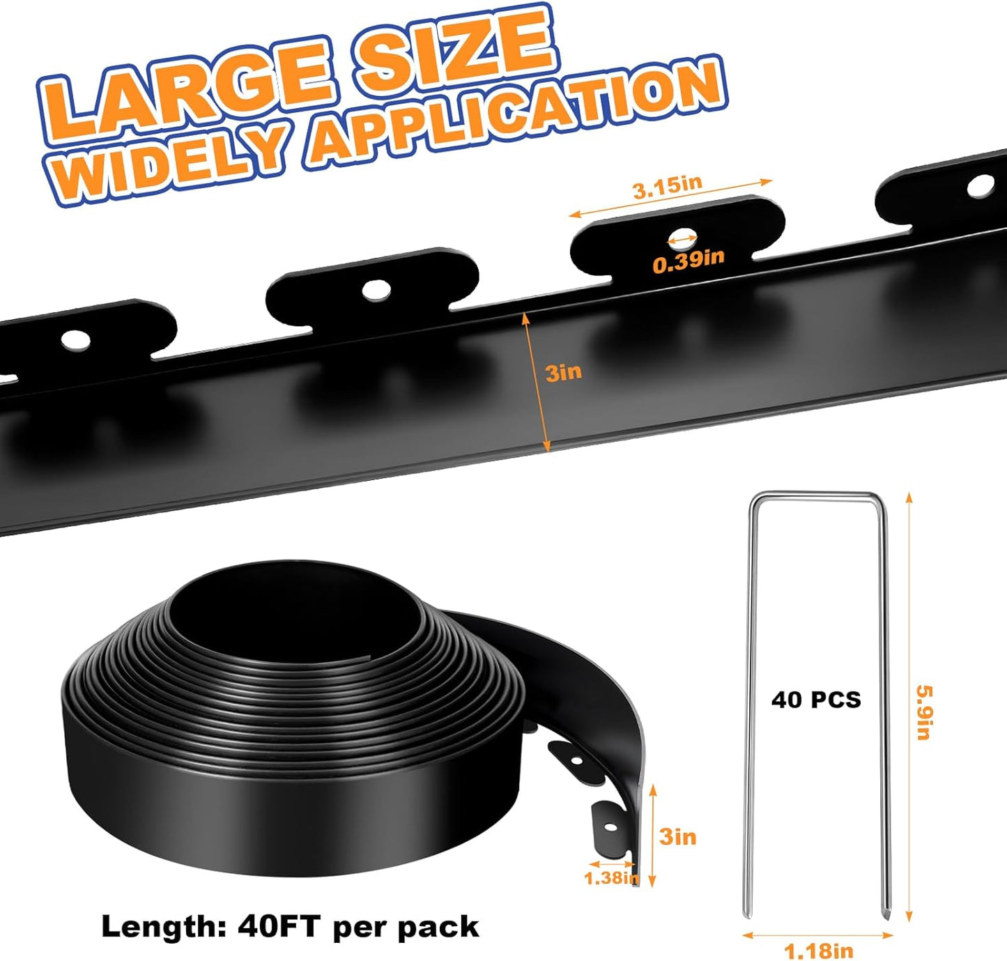 3 Inch x 40 FT (Multiple Sizes Available) Landscape Edging, Garden Edging Borders with 40pcs Upgrade Stakes, Flexible No Dig Plastic Garden Border for Lawn, Landscaping, Flower Beds and Yard