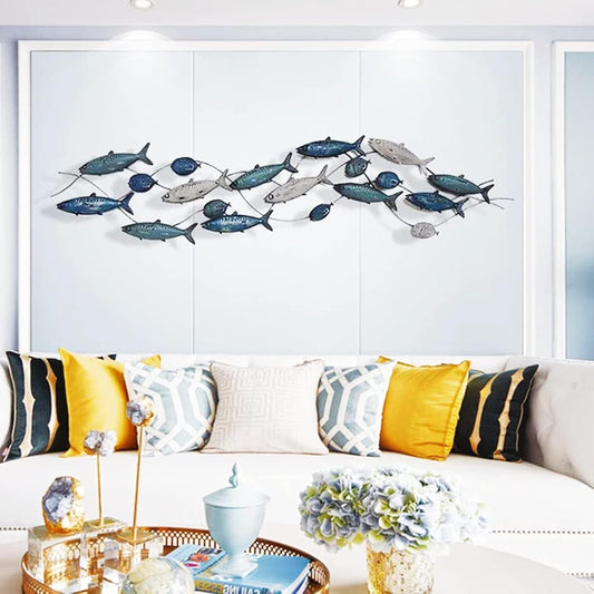 edaknez Large Fish Wall Art, Coastal Nautical Decor, Outdoor Indoor Metal Wall Art, School of Fish Wall Sculpture, for Living Room, Bedroom Beach or Boat Decor (55 x 13 inch)