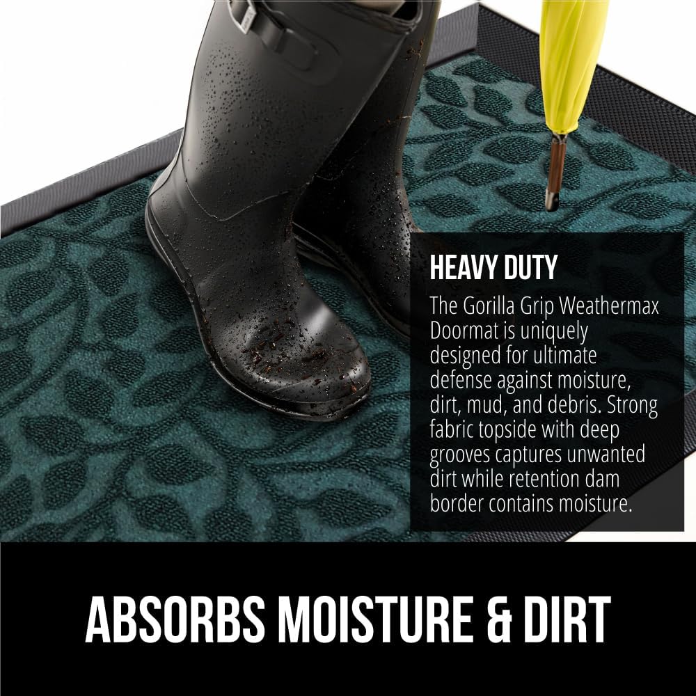 GORILLA GRIP 100% Waterproof All-Season WeatherMax Doormat 35x23, US Designed Natural Rubber, Stain and Fade Resistant, Low Profile Indoor Outdoor Door Mats, Easy Clean Patio Mat, Moss Vine Leaves