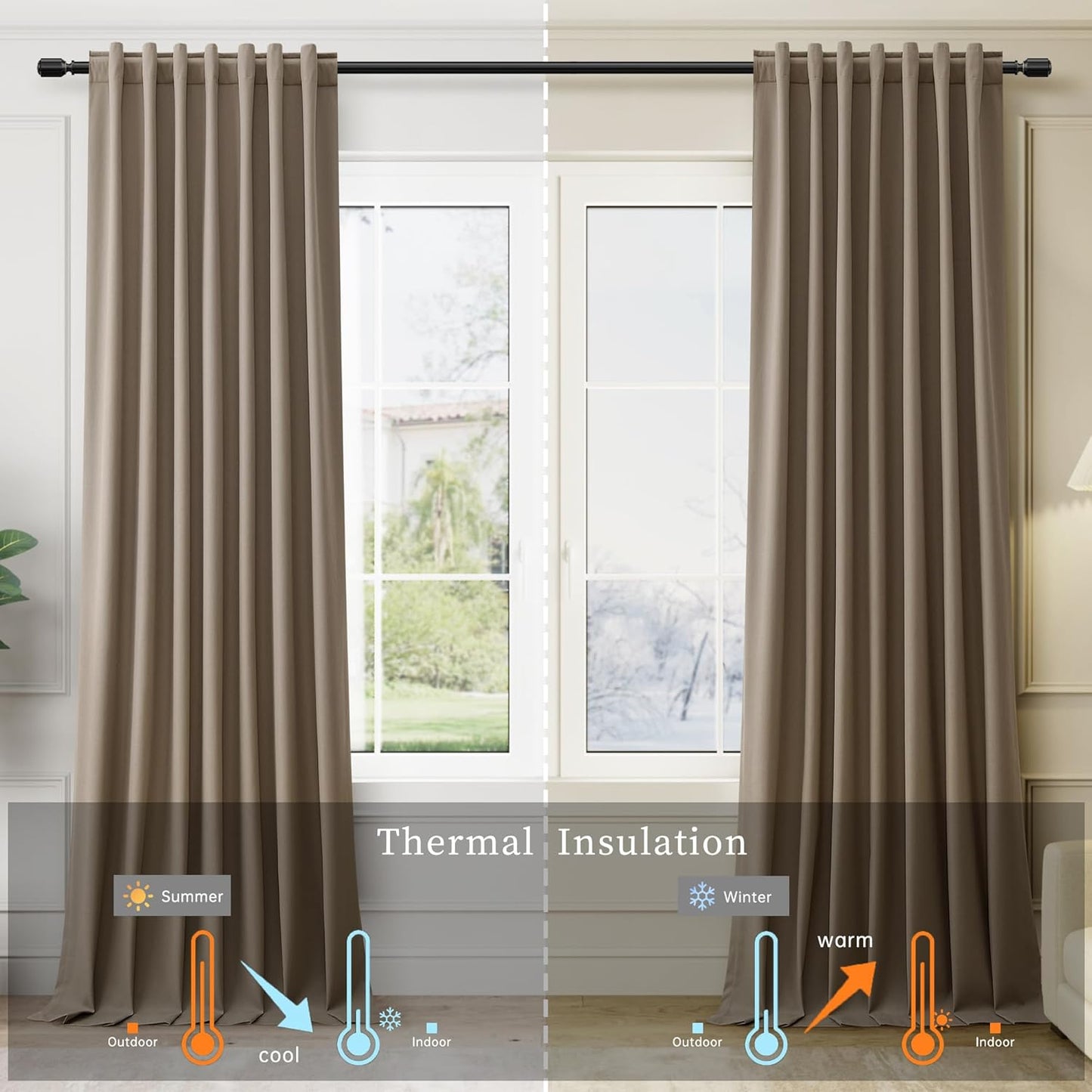 108 Inch Black Out Curtains 2 Panels Set Back Tab Thermal Insulated Natural Linen Textured Blackout Curtains Noise Reducing Dark Brown Neutral Living Room Darkening Window Drapes Pleated 52x108