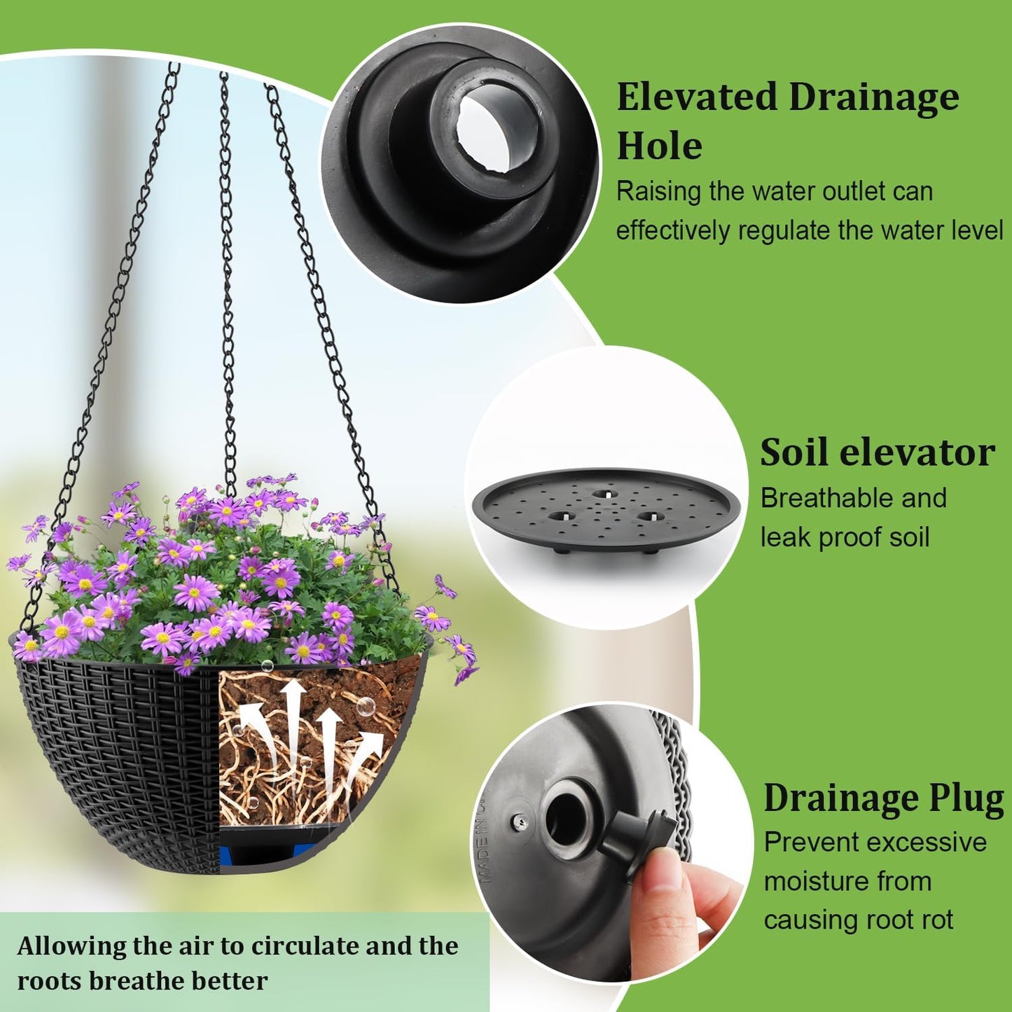Hanging Planters for Indoor Outdoor Plants 8/10 Inch, 4 Packs Plant Hanger with Drainage Holes, Hanging Basket Flower Pot Perfect for Home, Office and Garden, Black