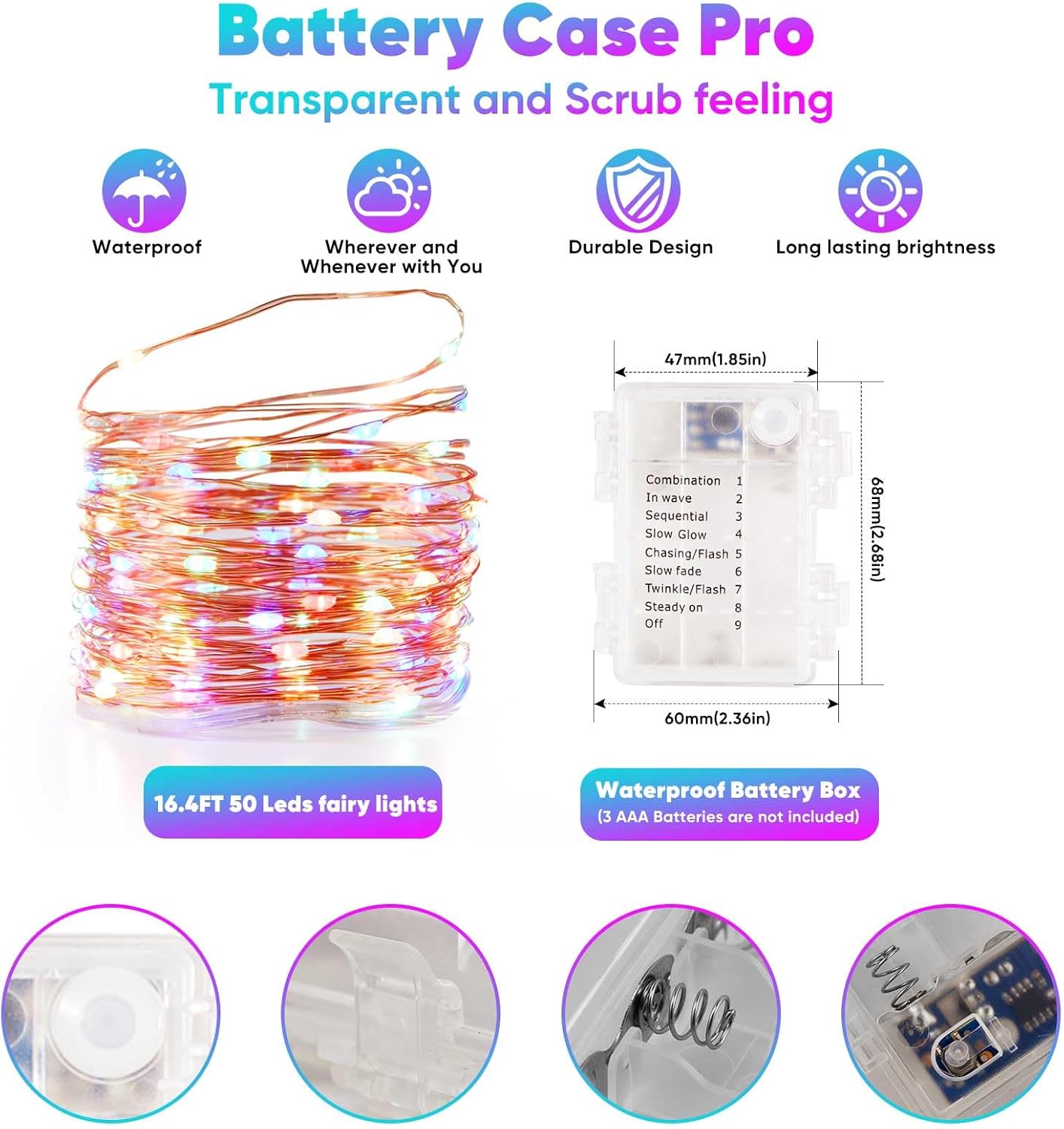 1 Pack 16.4 Ft. Battery Operated Outdoor String Lights with Remote & Timer, LED Multi Color Fairy Lights, Waterproof Twinkle Lights for Bedroom, Dorm, Mason Jar, Wedding, Party, Christmas