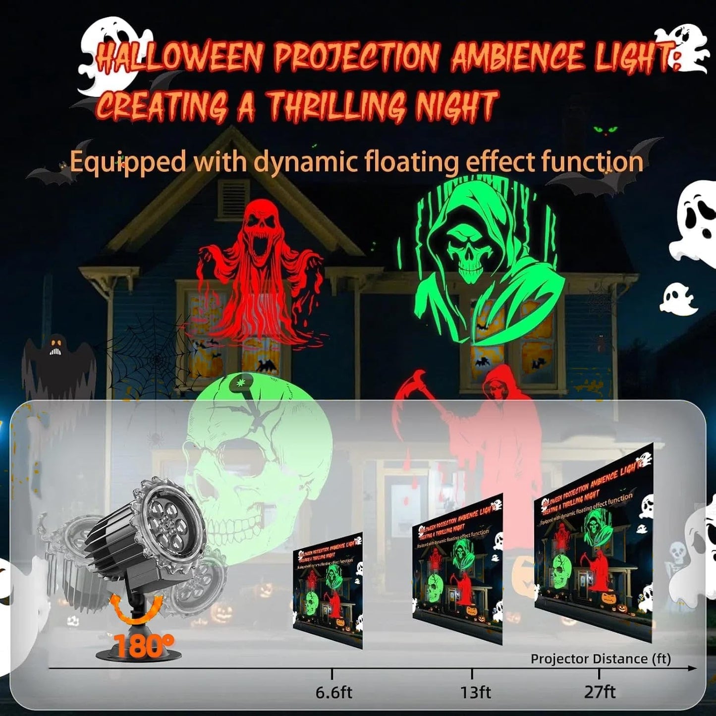 Halloween Projector Lights Outdoor,2025 Upgraded 3D HD Dynamic Skull Ghost Decorations Light,Waterproof Holiday Light,Terror Atmosphere Maker Night Light for Home Window Wall Halloween Decor