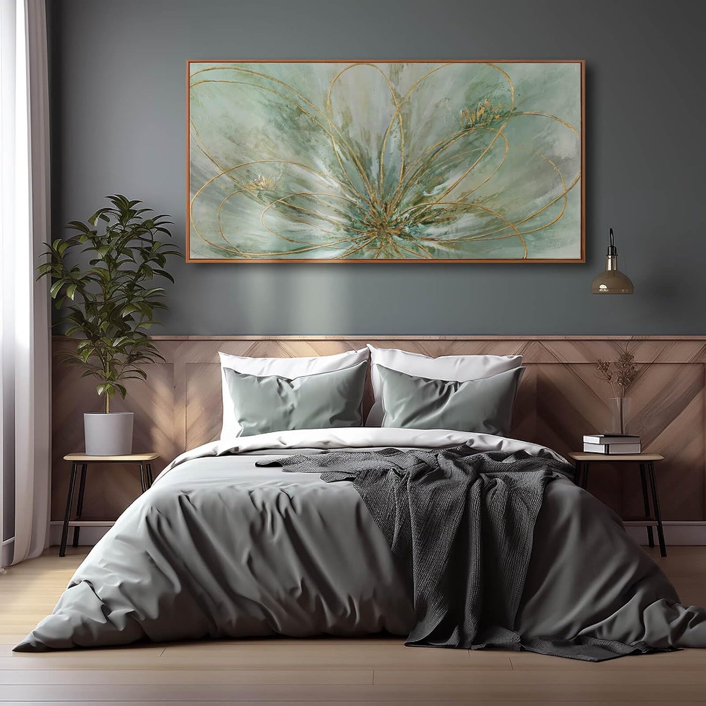 Framed Canvas Prints Gold Line Poster Abstract Wall Ar Green Pictures Wall Decor 29"x 58" Modern Artwork Large Wall Decorations for Living Room Home