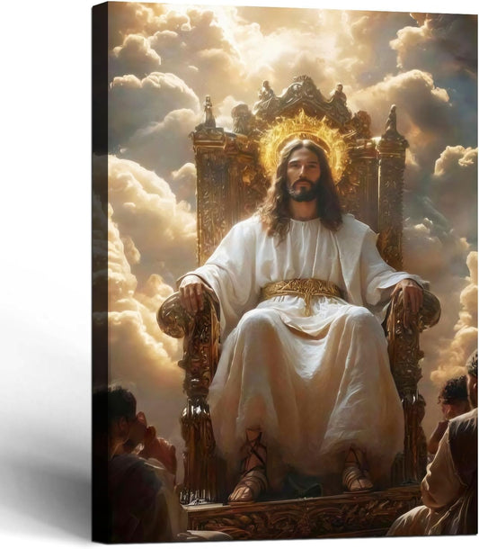 Framed Canvas Wall Art Painting Jesus Sitting on the Throne Religious Poster Faith Revelation Gallery Picture Print for Living Room Bedroom Church Decor 12x16 Inch Ready to Hang