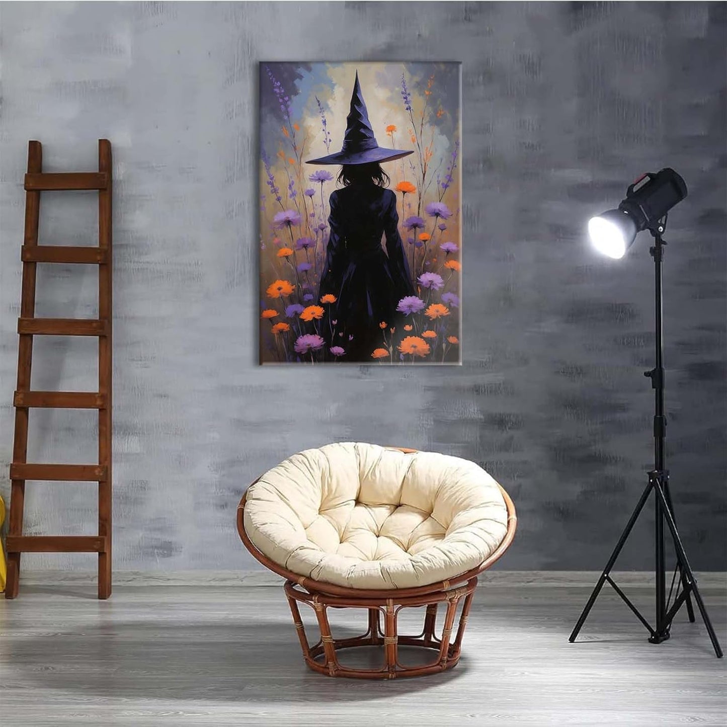 Country wildflower witch canvas print halloween mashup art witch purple decoration bohemian elegant art poster12x16in Wood Framed