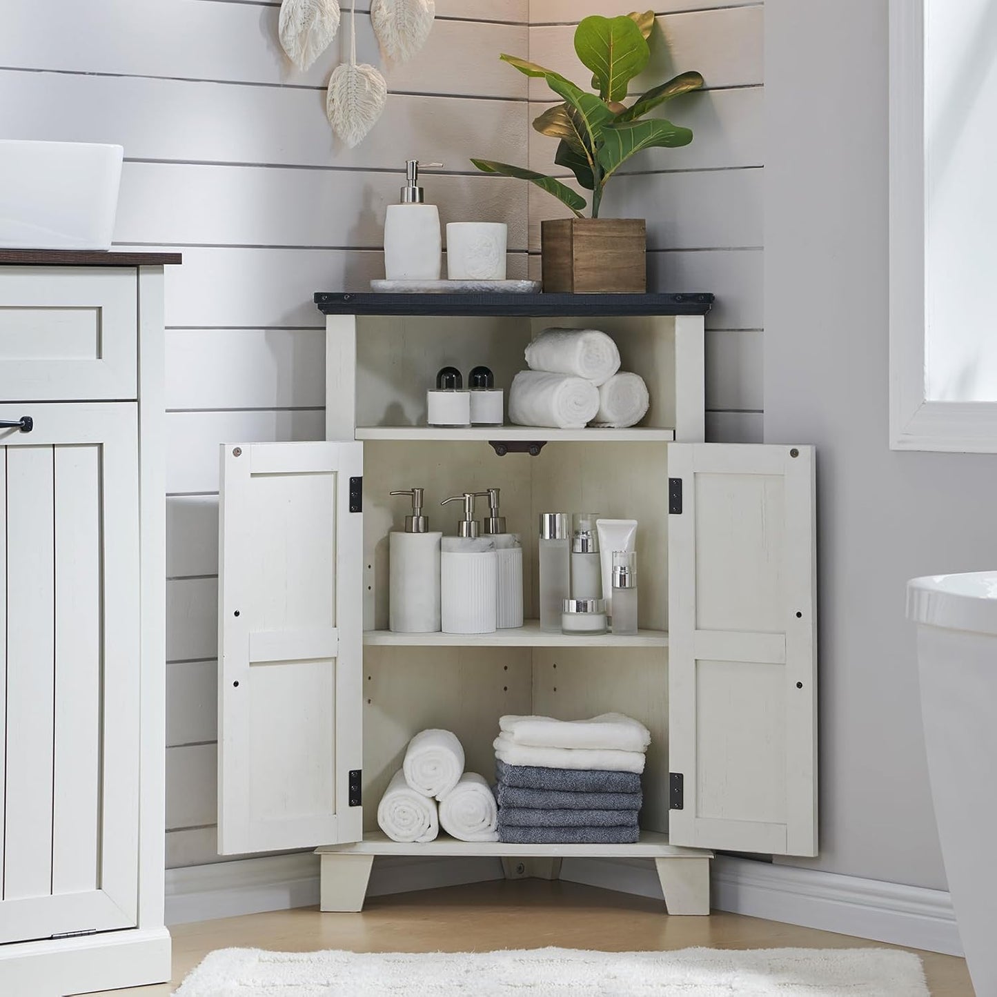 Corner Bathroom Cabinet, Farmhouse Small Corner Cabinet with Barn Door & Adjustable Shelf, Storage Cabinets for Bathroom, Kitchen, Living Room, Off White