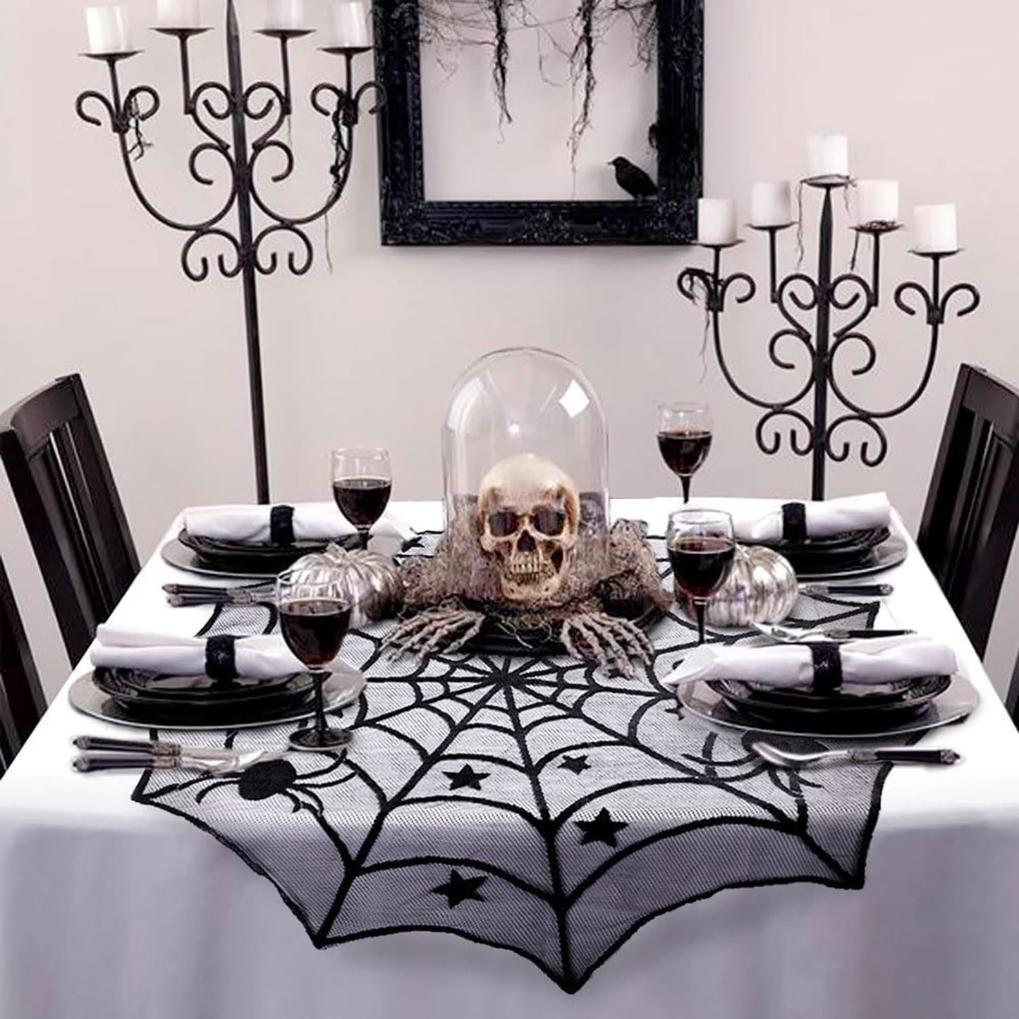 Halloween Tablecloth Round,Black Spider Web Lace Table Cloth, Gothic Kitchen Decor, Fall-Themed Party Decorations, Spider Web Reusable Home Accent, 40 Inches