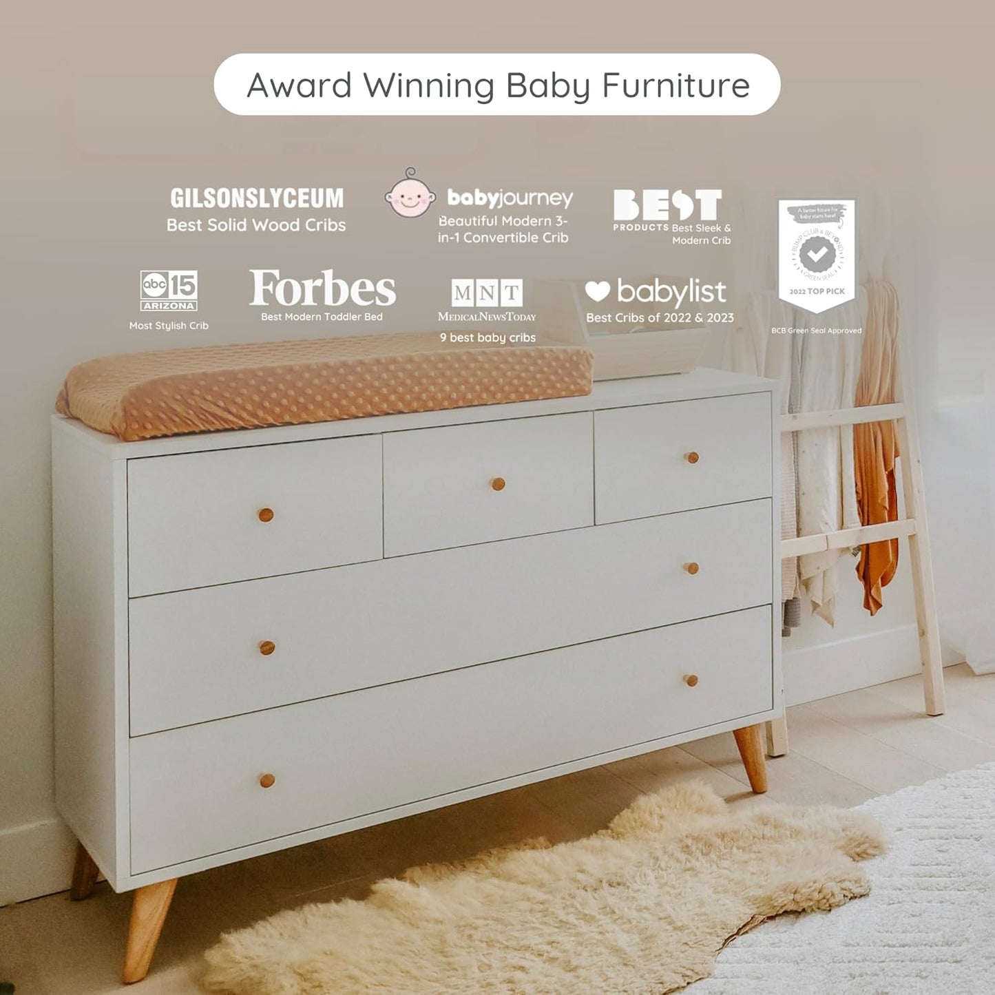 dadada Austin 5-Drawer Dresser for Nursery and Bedroom - Modern Design, Large Storage, Baby-Safe Finish, Anti-Tip Safety, Solid Wood Feet, Durable Construction (White+Natural)