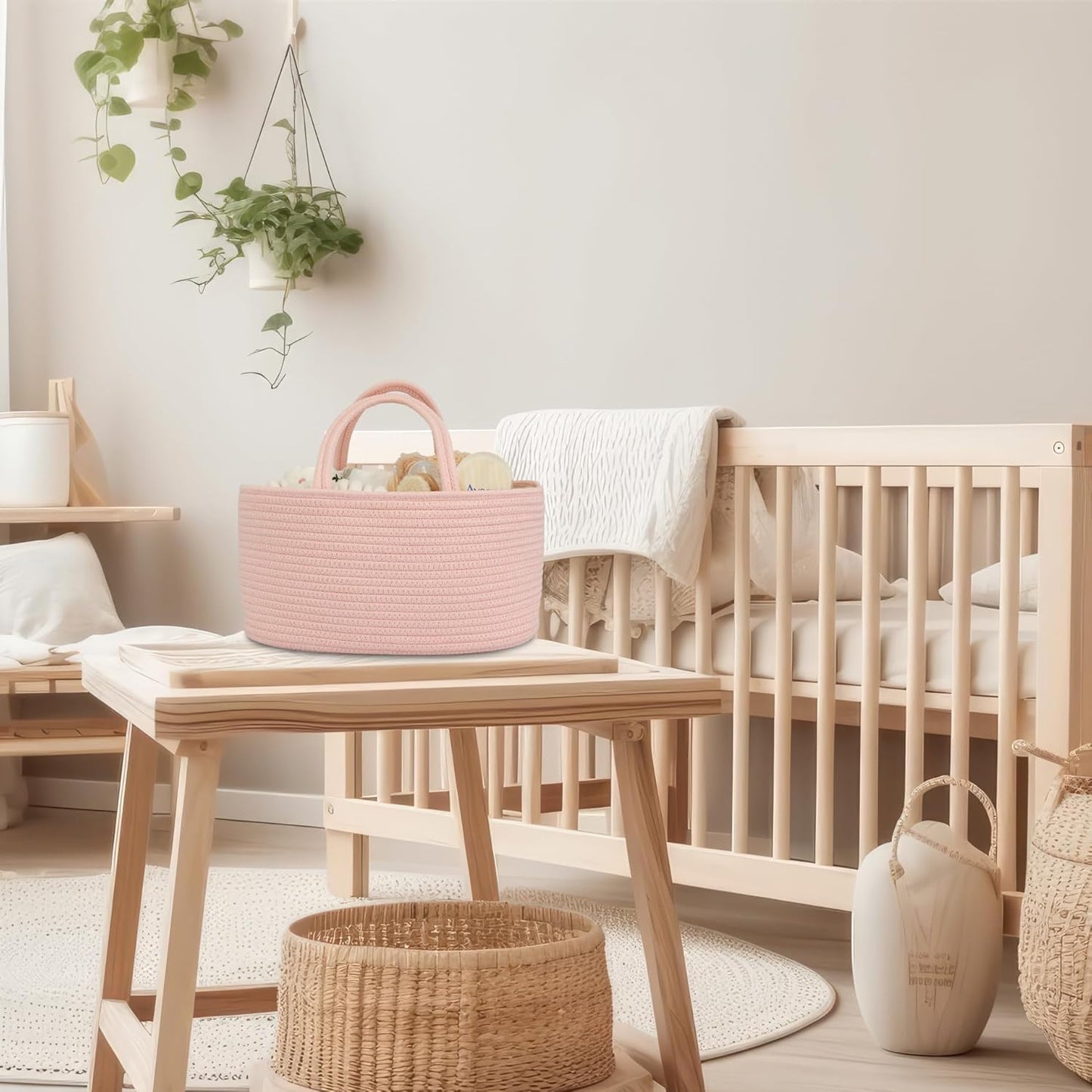 Diaper Caddy Organizer Cotton Rope Baby Basket Nursery Storage and Portable Tote Bag for Car Ideal Baby Shower Gifts and Registry Must-Have for Newborn Essentials coral pink