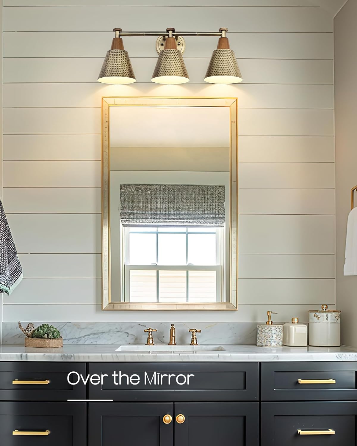 FEMILA Antique Brass Bathroom Vanity Light, 3-Lights Industrial Modern Wall Sconce Bathroom Lighting, Hammered Metal Shade Finish, 4FG59B-3W BG