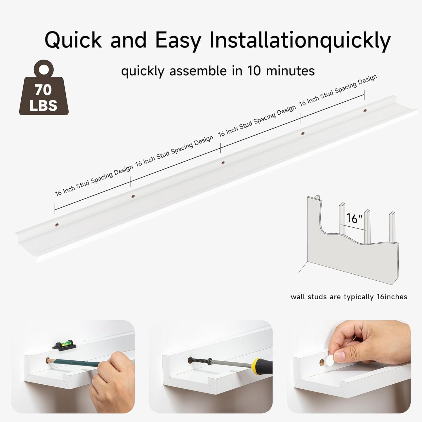 Floating Picture Ledge Shelves for Wall Set of 2, 84 Inches Picture Ledge Shelf with Long Large Nursery Book Shelf for Toys Storage Kids Bookshelf Wall Mounted Living Room Bedroom Decor Frames, White