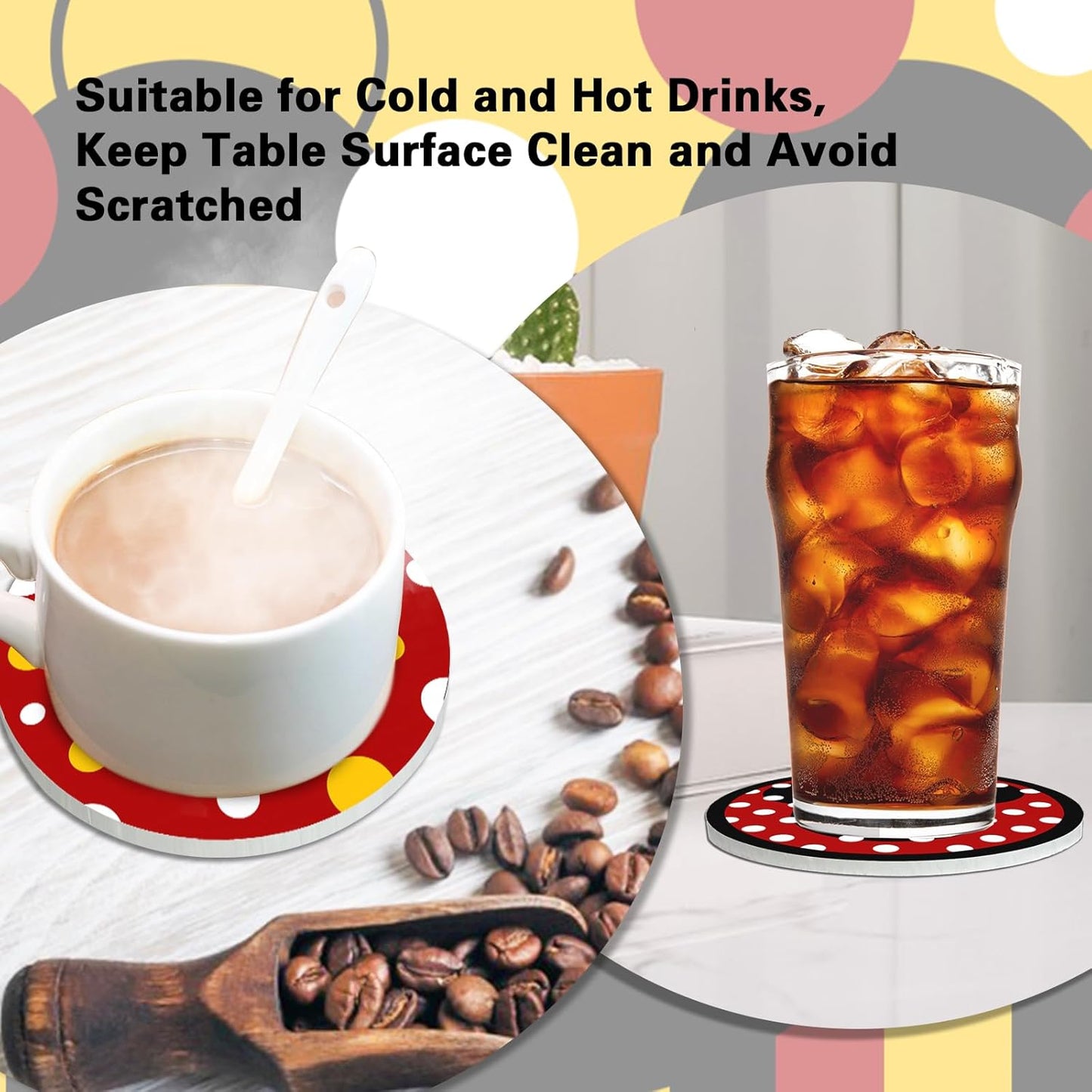 Cute Drink Coasters with Holder Set of 6, Red Yellow Absorbent Ceramic Cup Mat for Coffee Table Protection, 4 Inch Polka Dot Stripes Home Kitchen Decor Housewarming Gifts