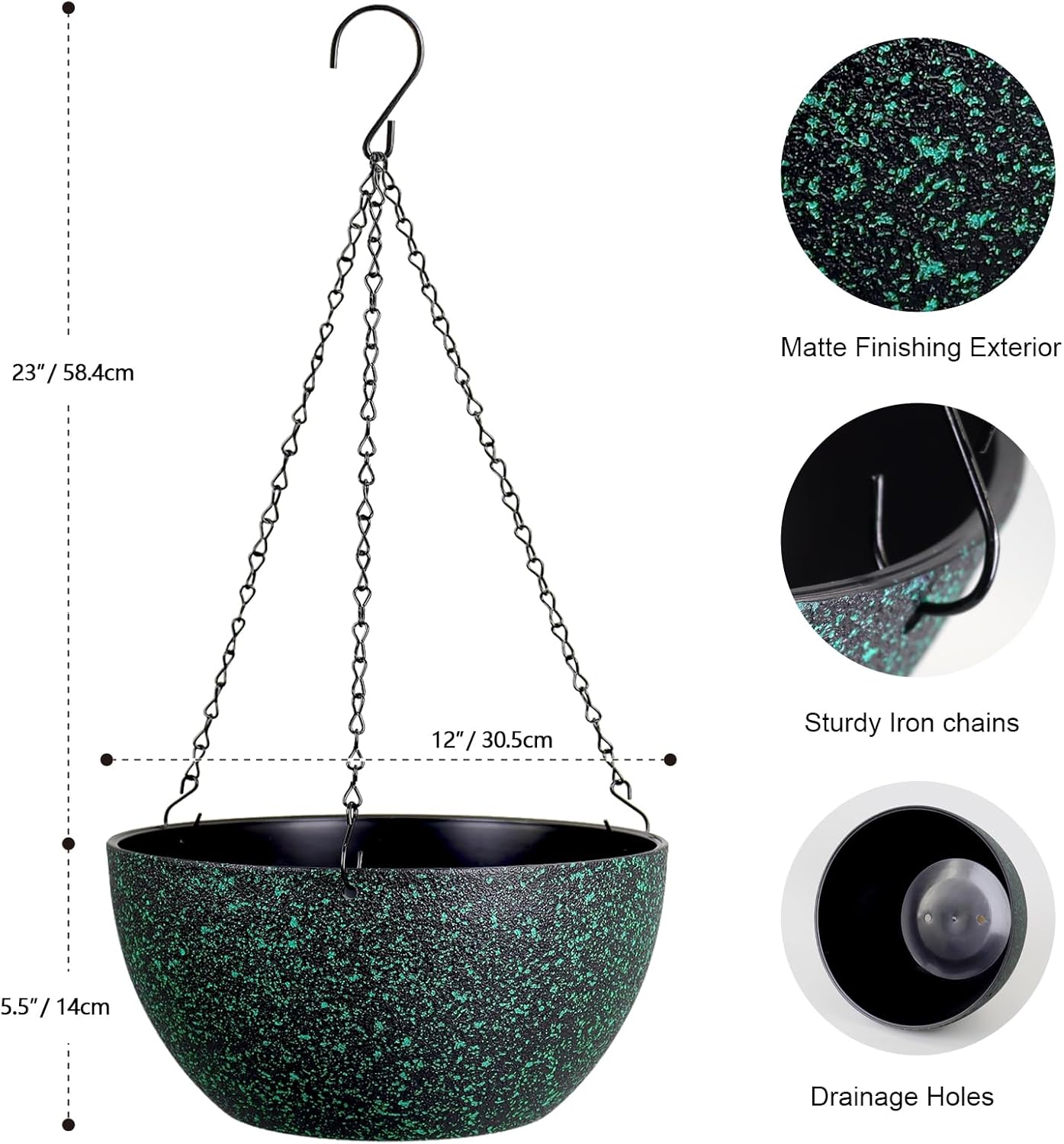 12 inch Large Hanging Planters for Indoor Outdoor Plants, 2 Pack Hanging Flower Pots with Drainage Holes and Chain, Plastic Hanging Baskets for House Plants, Black with Green Speckles