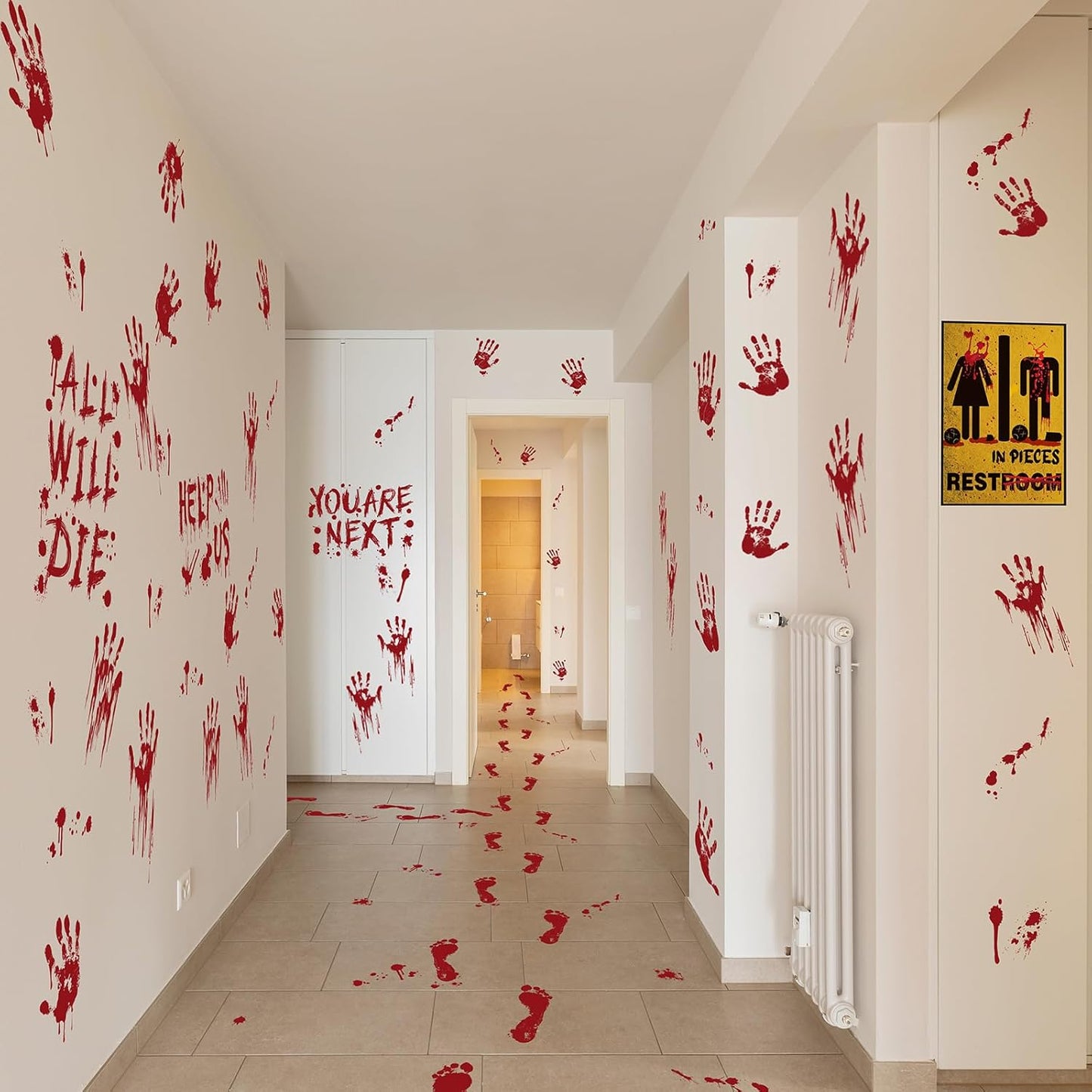 Halloween Clings- Bloody Handprint Footprint Floor Stickers, Scary Halloween Party Decor for Windows and Cars, Indoor/Outdoor Use - 12 Sheets