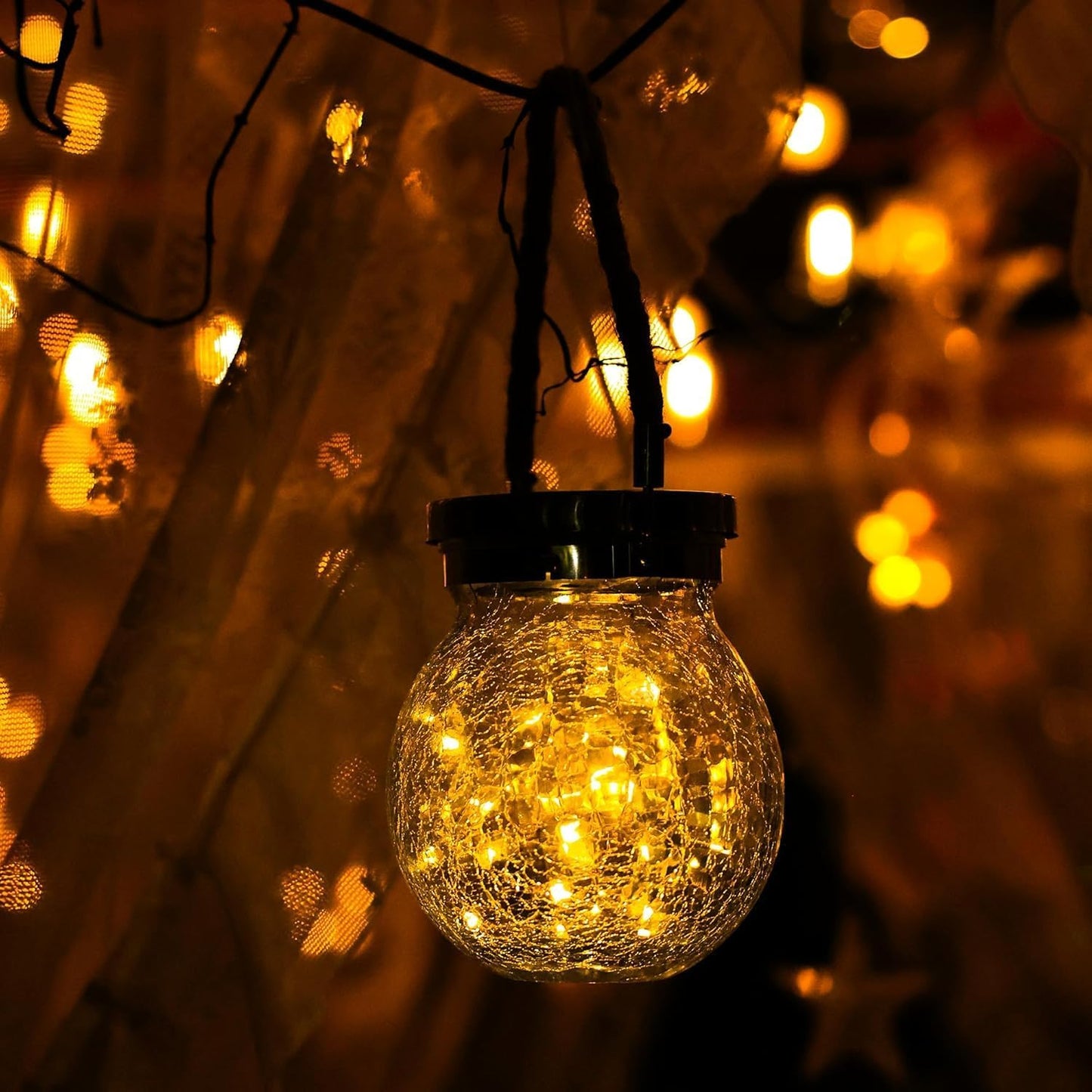 Cooo 4 Pack Heavy Crackle Glass Solar Lantern with 30 LED Firefly Lights– Waterproof Outdoor Hanging Lamp 215% Larger Solar Panel, Stainless Steel Lid Decorative Lighting for Garden Patio Table