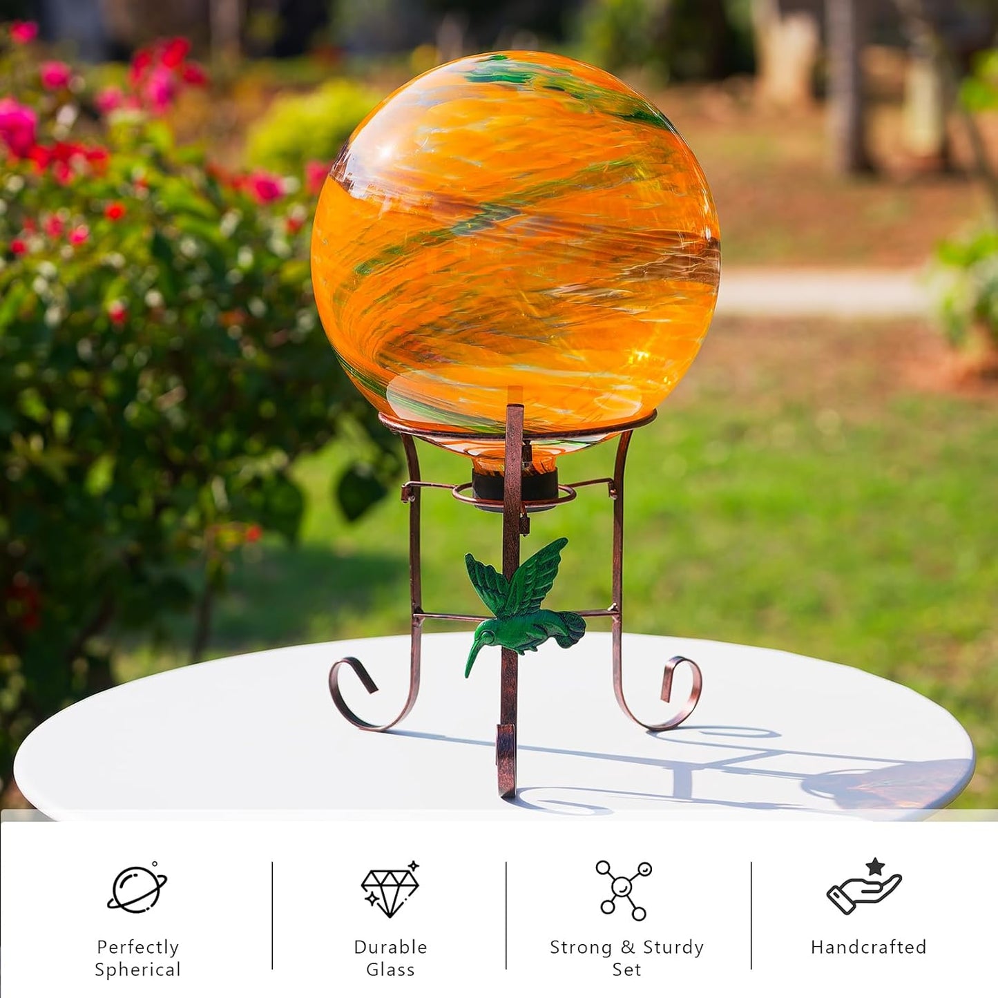 10 Inch Glass Gazing Ball, with 9.4" Tall Metal Gazing Globe Stand, Glass Balls Display Holder Set for Outdoor Garden Lawn Yard Decoration, Sunset Sky