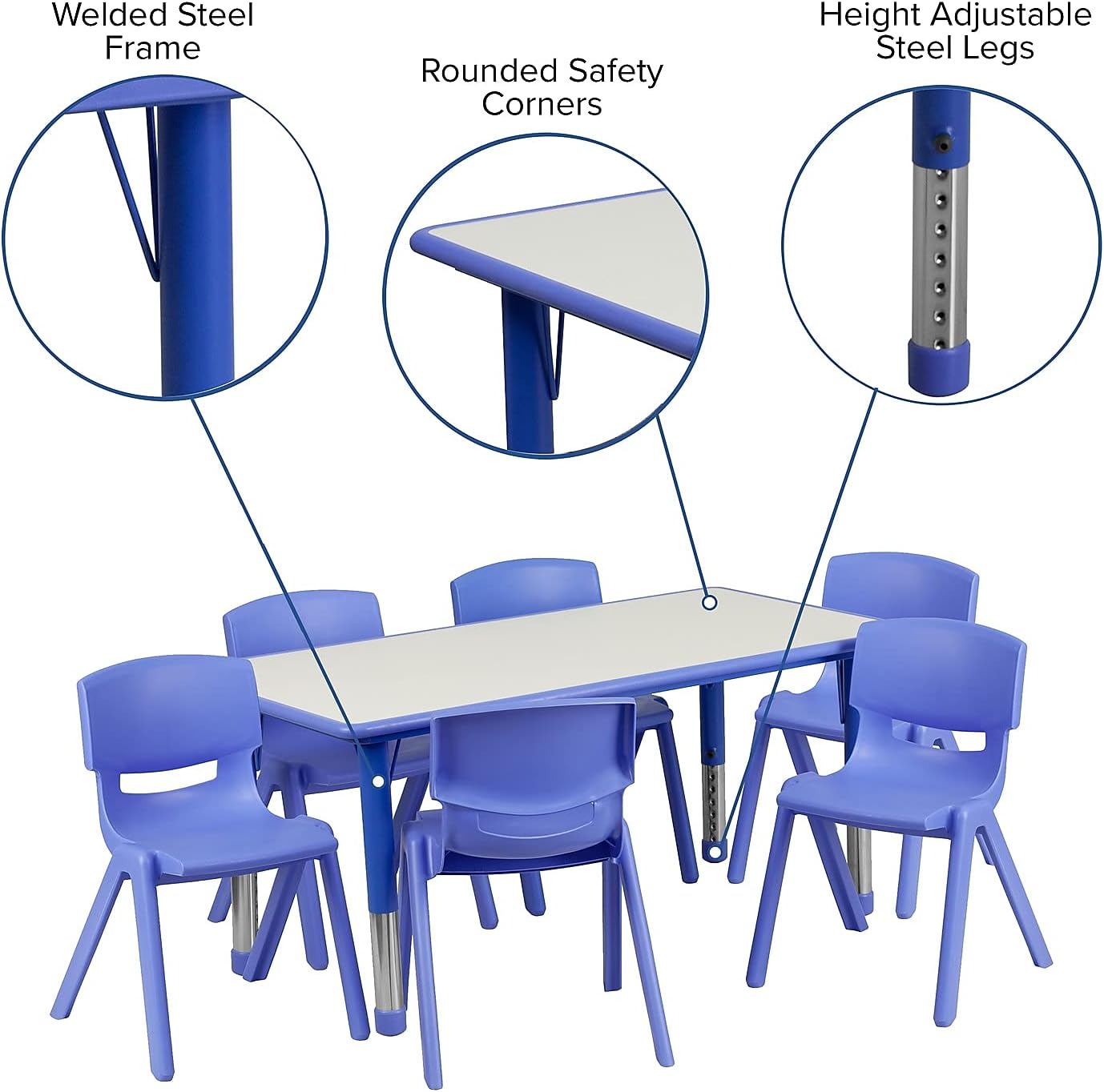 Flash Furniture Emmy Adjustable Classroom Activity Table with 6 Stackable Chairs, Plastic Activity Table for Kids, 23.625" W x 47.25" L, Blue/Gray