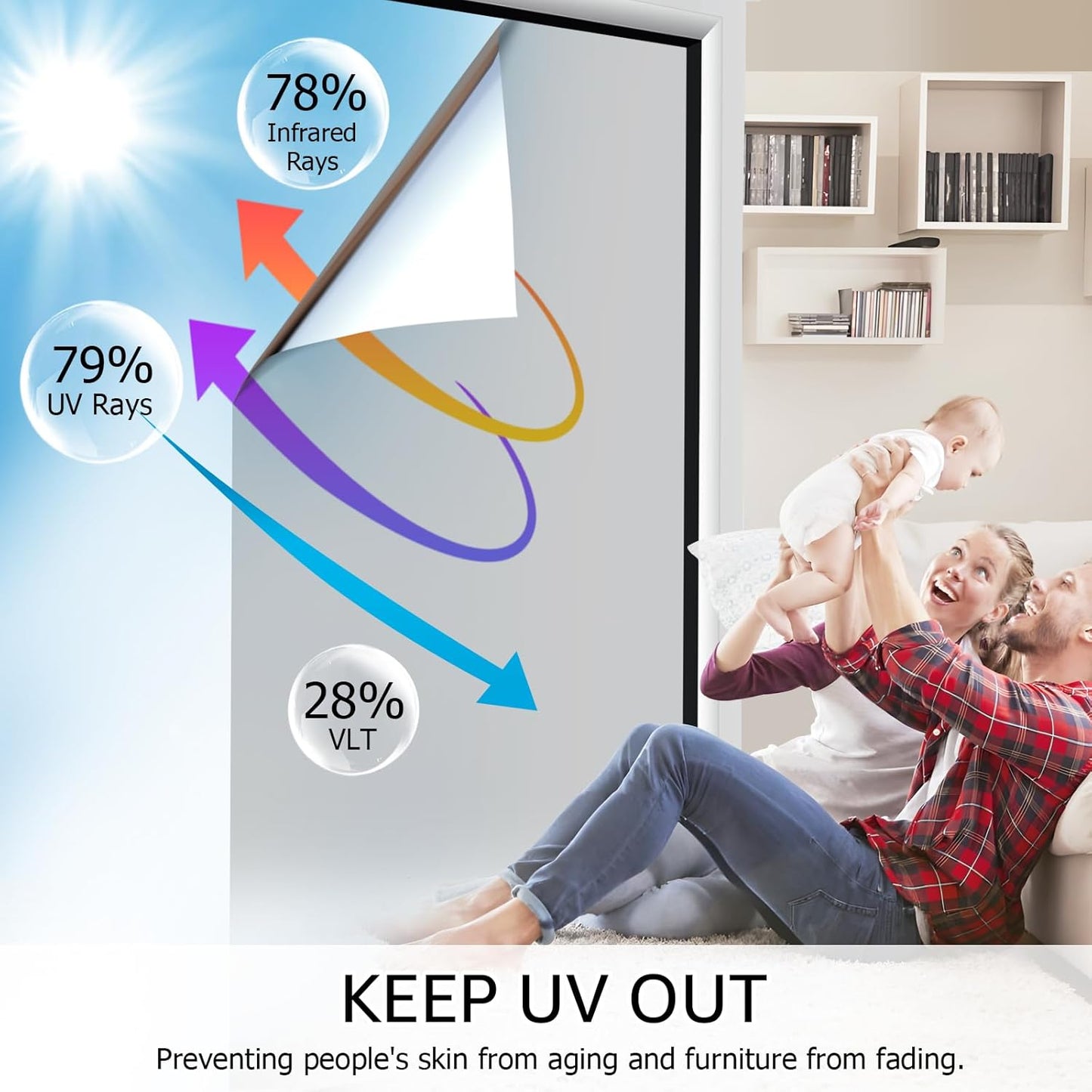 HIDBEA One Way Privacy Window Film, Daytime Privacy Sun Blocking Anti UV Reflective Window Film Heat Control Static Cling Window Tint Film for Home and Office, Silver, 23.6 x 78.7 Inch