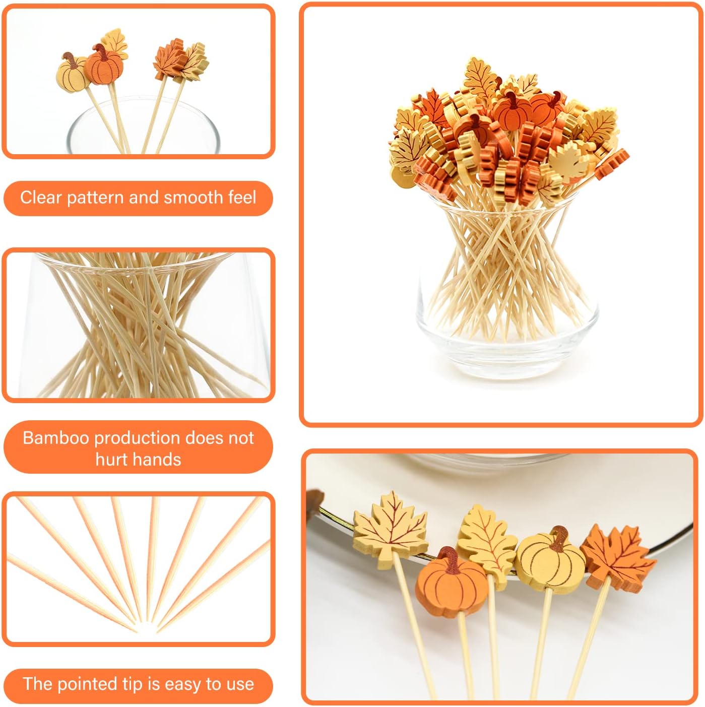 Fall Cocktail Picks Pumpkin Maple Leaf Assorted Autumn Theme Toothpicks Fruit Drinks Dessert Sticks Food Sandwich Appetizer Charcuterie Skewers, for Thanksgiving Decorations Party Supplies (200)