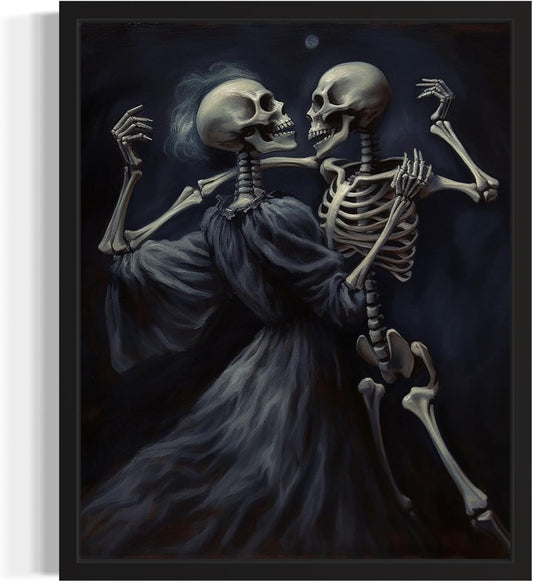 Dancing Skeleton Poster Art Print, Halloween Scary Vintage Wall Art Academia Spooky Painting Decoration for Horror Prints, Gothic Posters Bedroom Decor 89 (Dancing Skeleton, 11 x 14 inches, Black Frame)