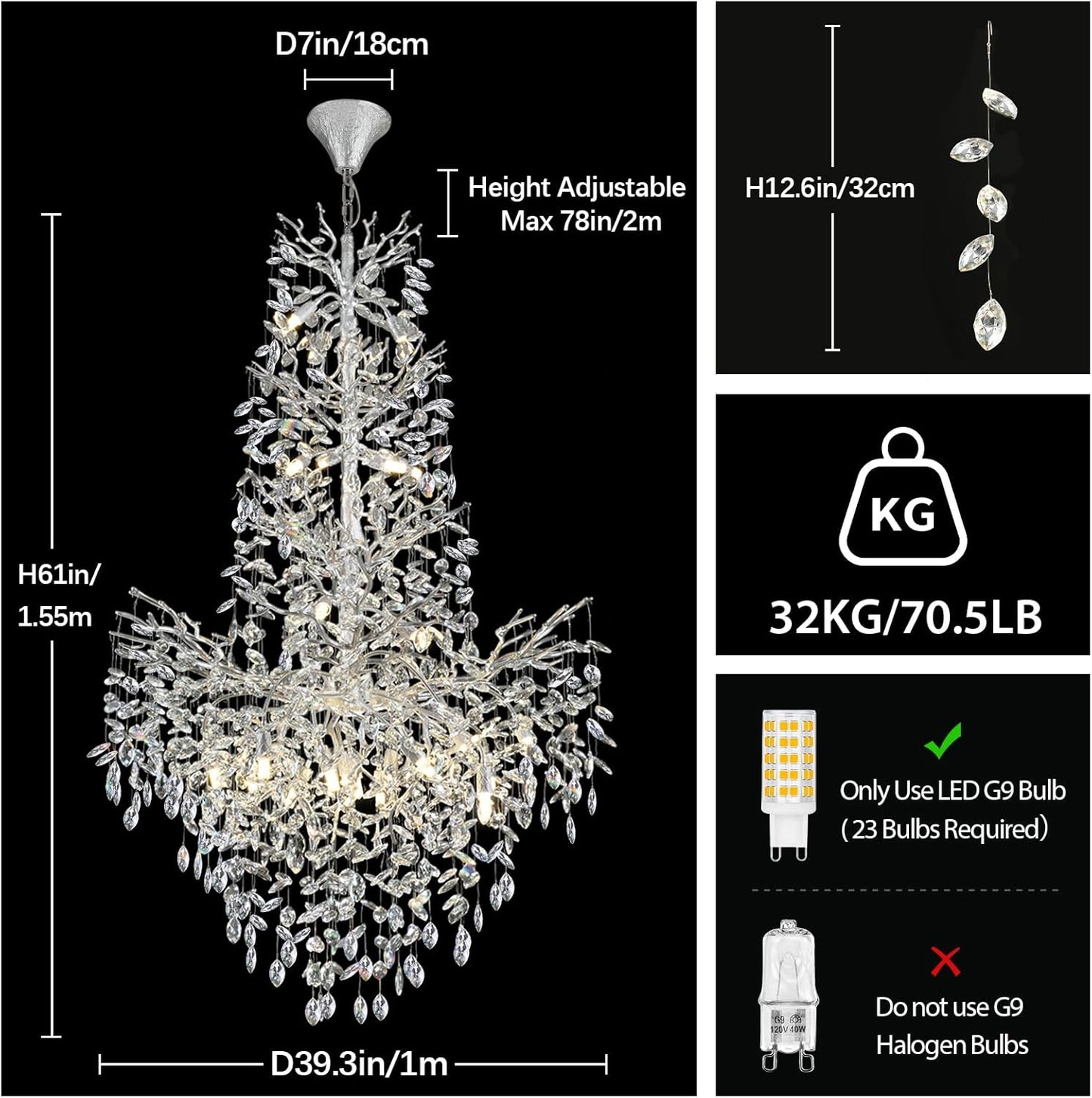 H61'' Modern Silver K9 Crystal High Ceiling Chandeliers, 23-Lights Staircase Chandeliers,Large Crystal Tree Branch Chandelier, D40'' Foyer Chandelier,for Living Room,Entryway