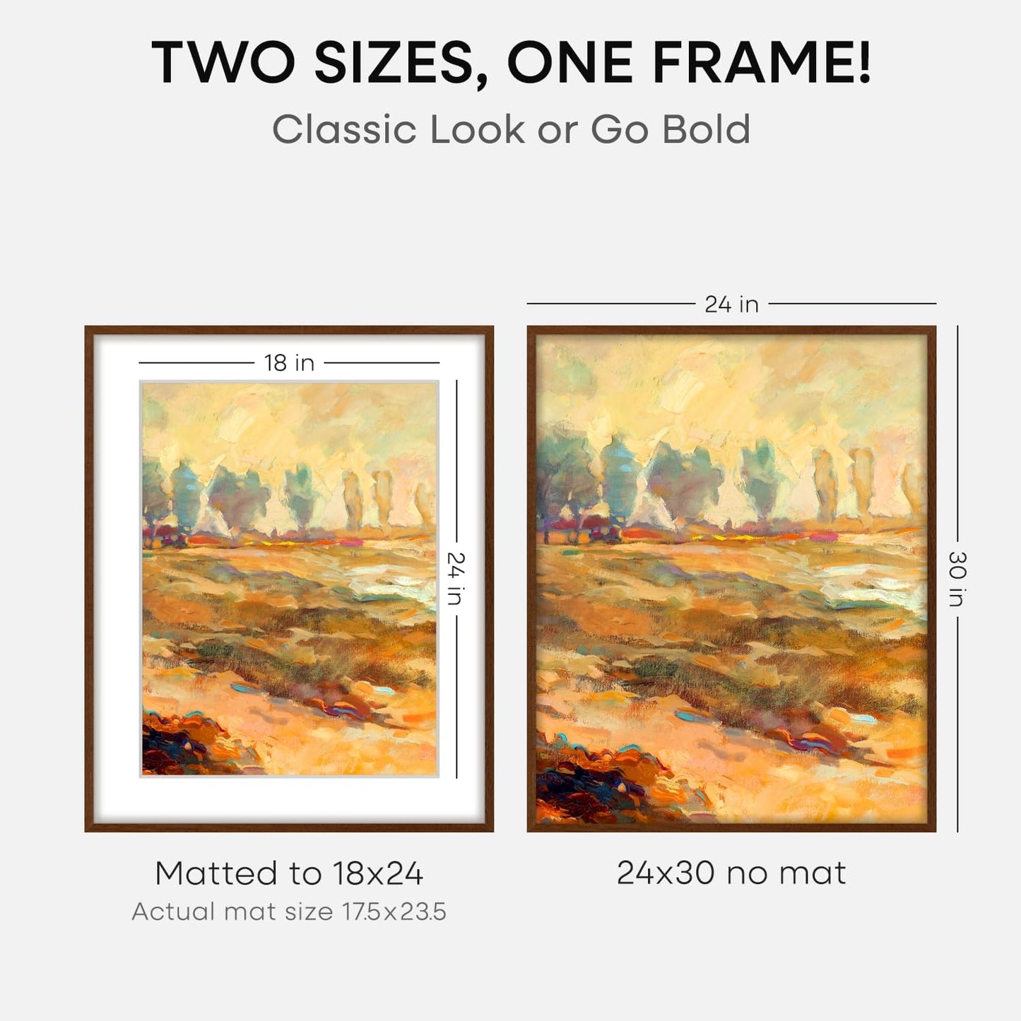 Homeforia 24x30 Walnut Frame, High End Oak 24 x 30 Wooden Poster Frame with Mat 18 x 24, 30x24 Large Picture Frames for Wall, 24x30 Brown Wood Frame Matted to 18x24, Tempered Glass, Wall Kit, Set of 1