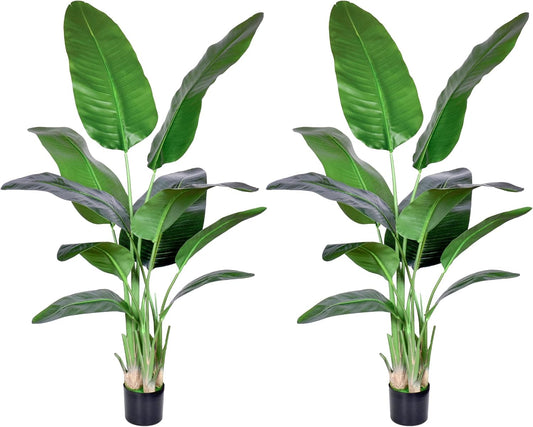 2Packs 5FT Artificial Bird of Paradise Plant,Faux Palm Tree Potted Plant with Real Touch Leaves,Fake Trees for Home Living Room Office Indoor Outdoor Decor(5 FT-2Packs)